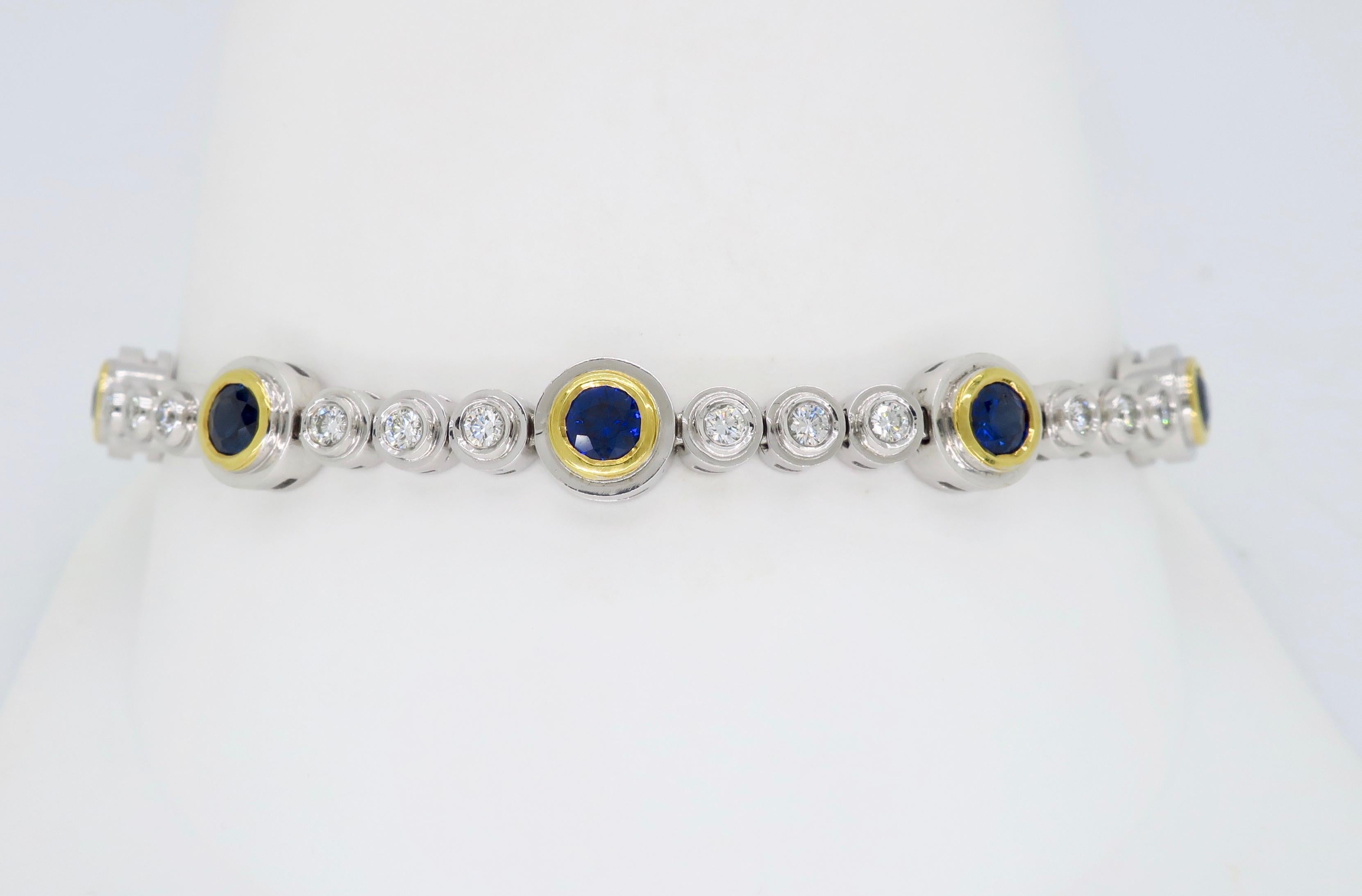 Bezel Set Diamond and Blue Sapphire Tennis Bracelet 2