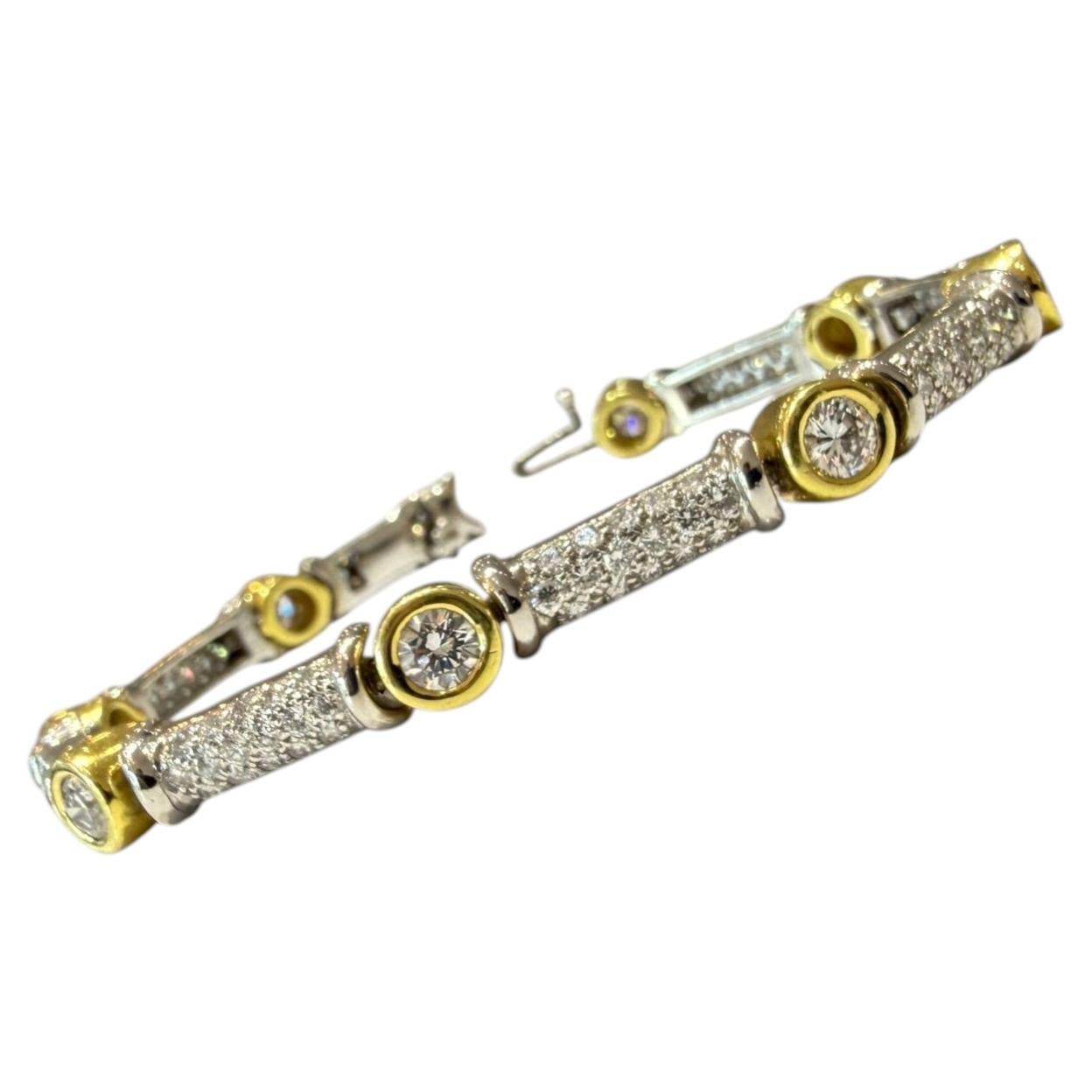 yellow Gold Chunky Bezel Set Diamond Tennis Bracelet Two Tone 18K Heavy 5.50ct For Sale