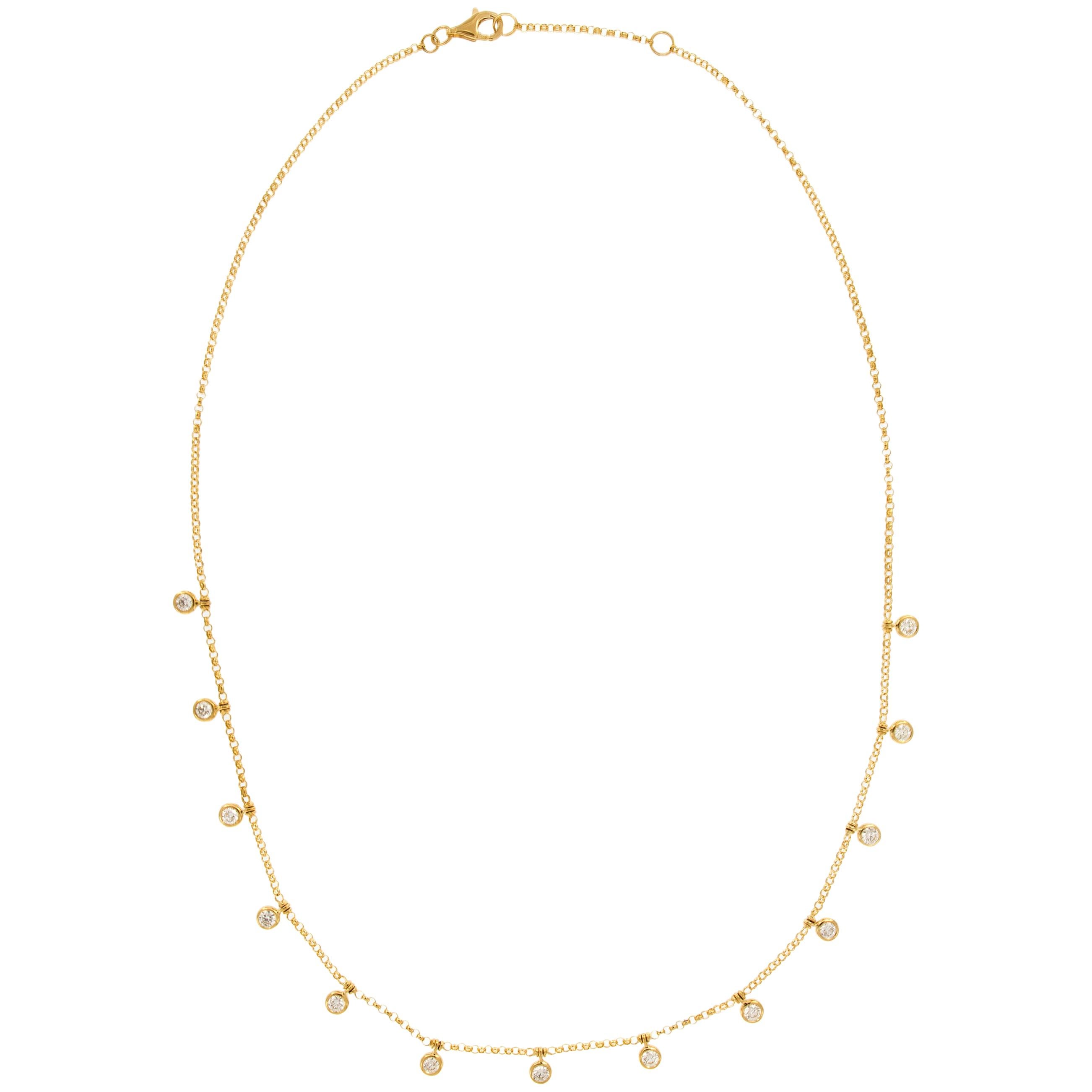 Bezel Set Diamond Dangle 18 Karat Gold Chain Necklace For Sale