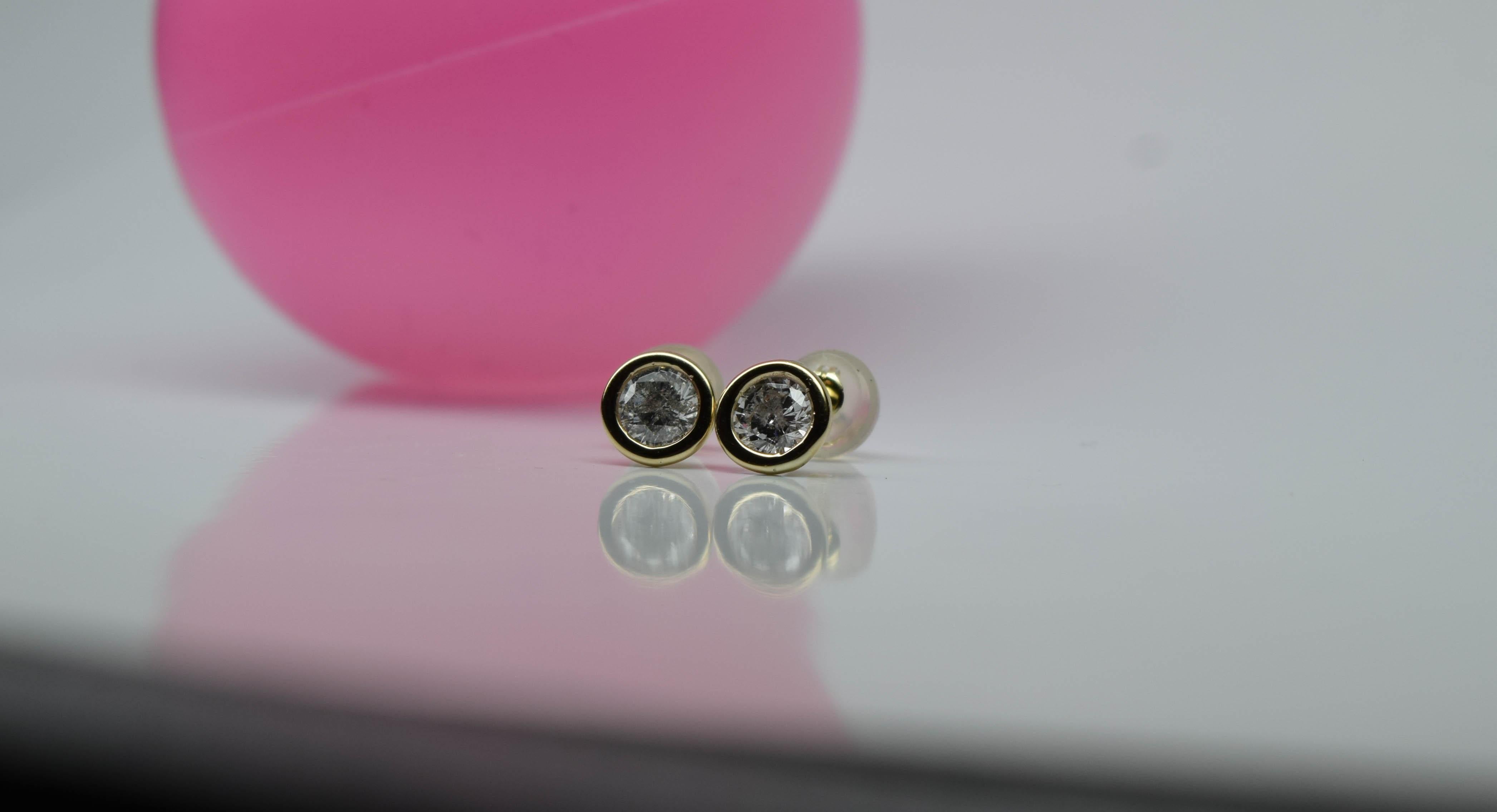 Women's or Men's Bezel set diamond earrings 14KT gold 1ct For Sale