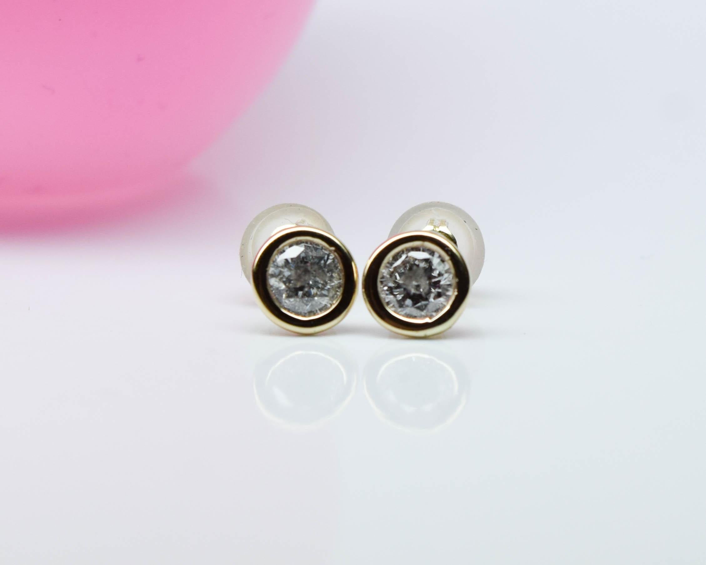 Bezel set diamond earrings 14KT gold 1ct For Sale 1
