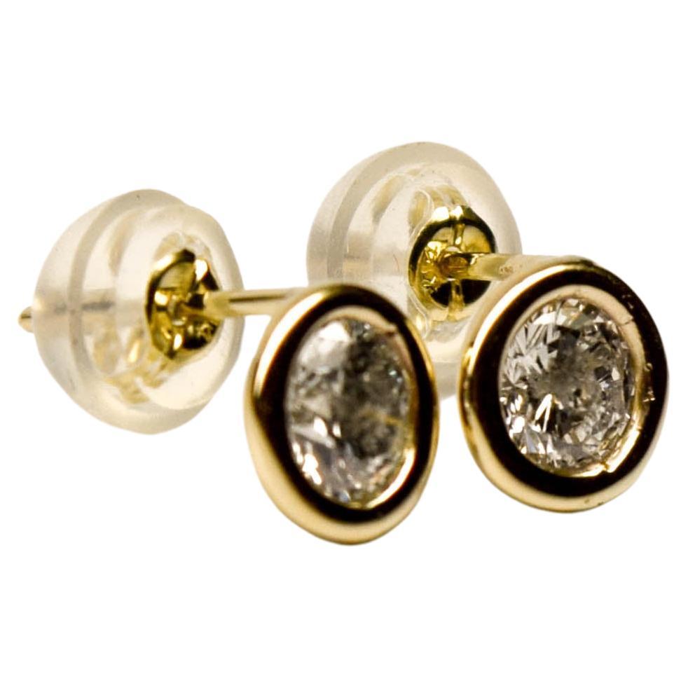 Bezel set diamond earrings 14KT gold 1ct For Sale