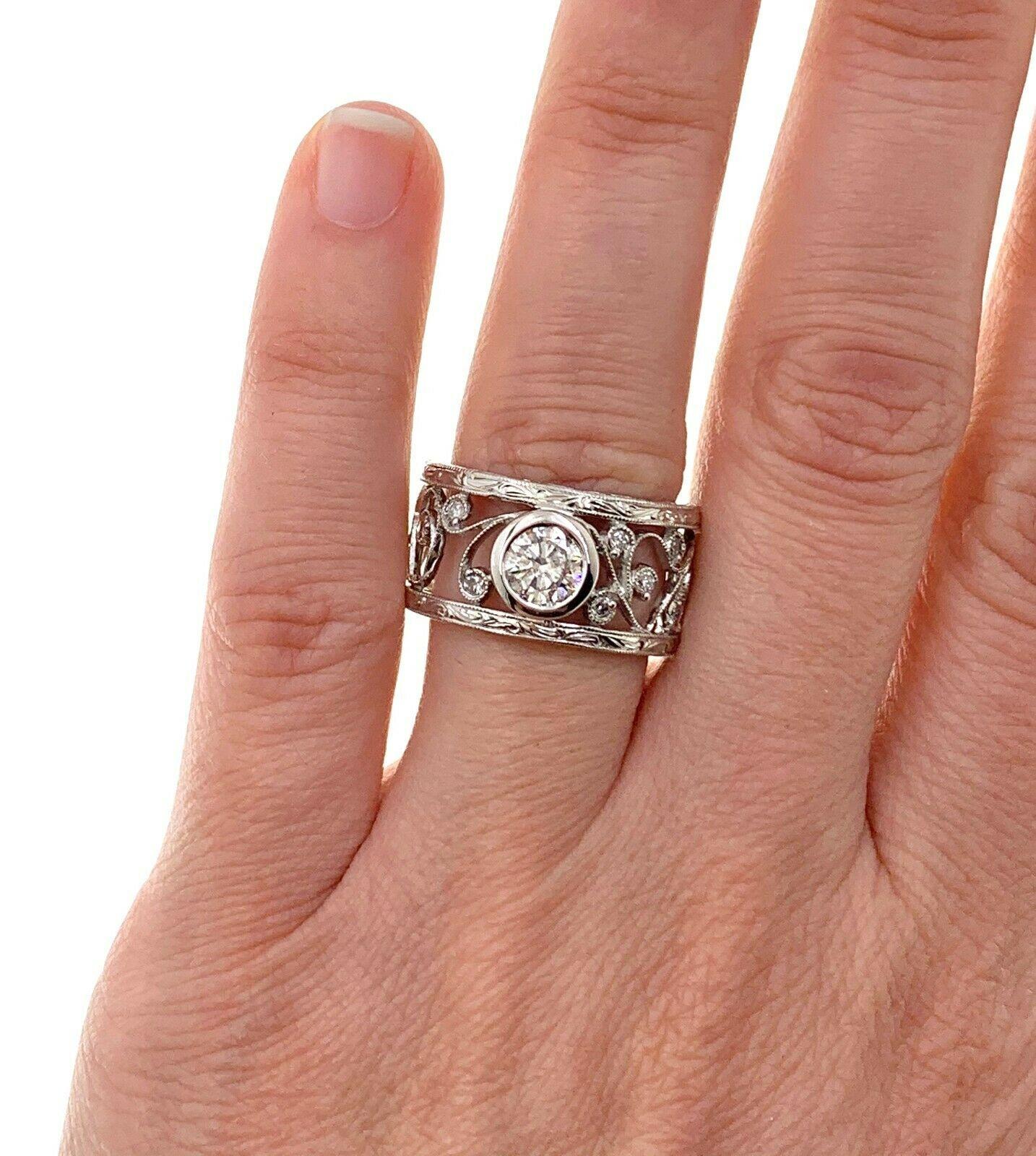 Bezel Set Diamond Ring 1.24 Carat Floral Filigree 14 Karat White Gold 5