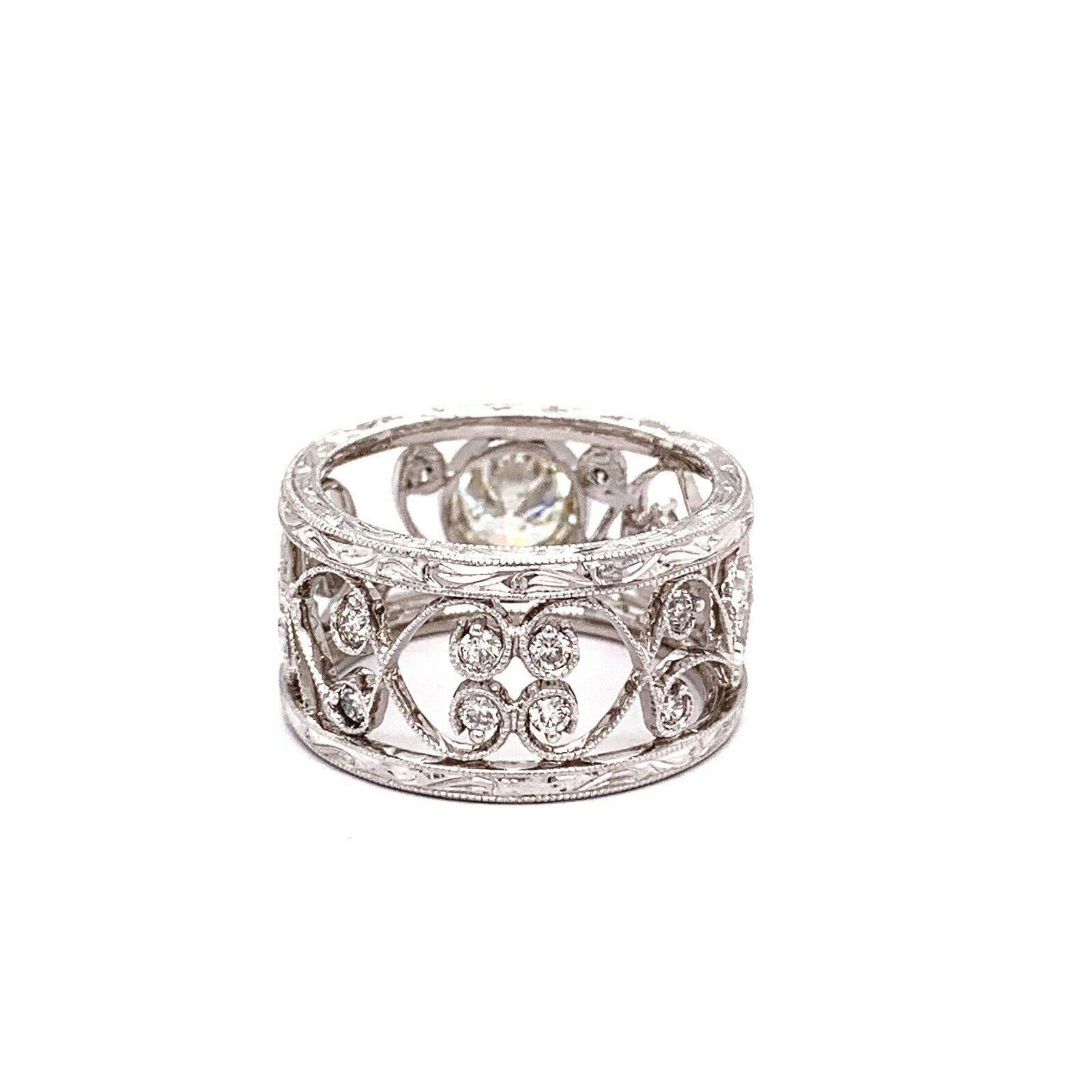 Round Cut Bezel Set Diamond Ring 1.24 Carat Floral Filigree 14 Karat White Gold