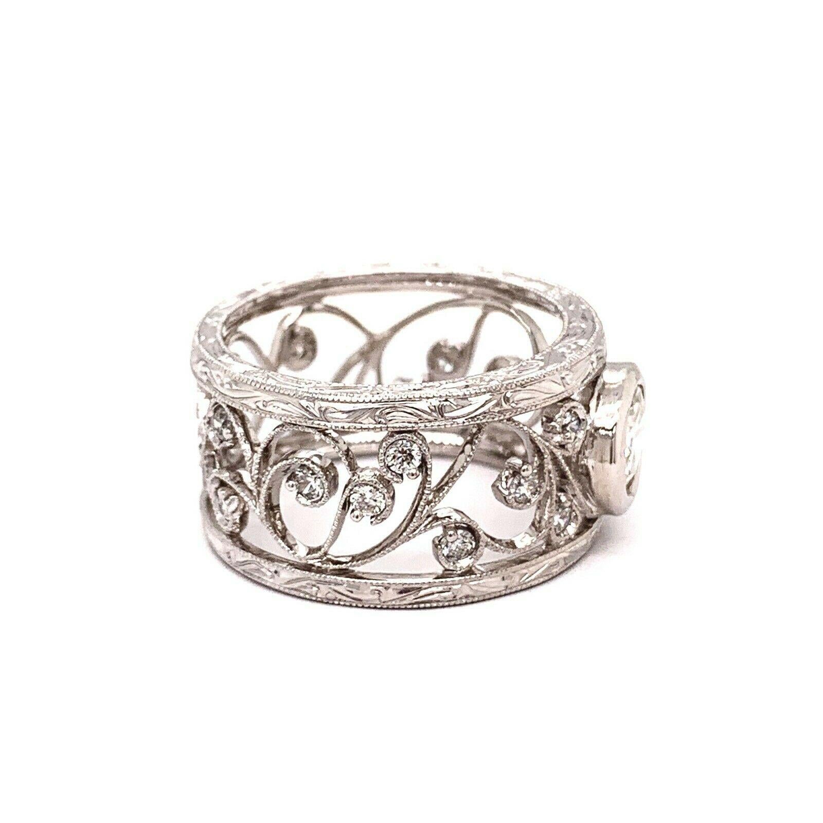 Bezel Set Diamond Ring 1.24 Carat Floral Filigree 14 Karat White Gold In Excellent Condition In San Diego, CA