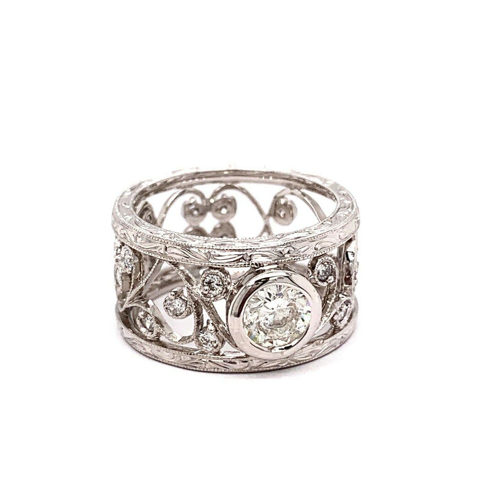 Women's or Men's Bezel Set Diamond Ring 1.24 Carat Floral Filigree 14 Karat White Gold