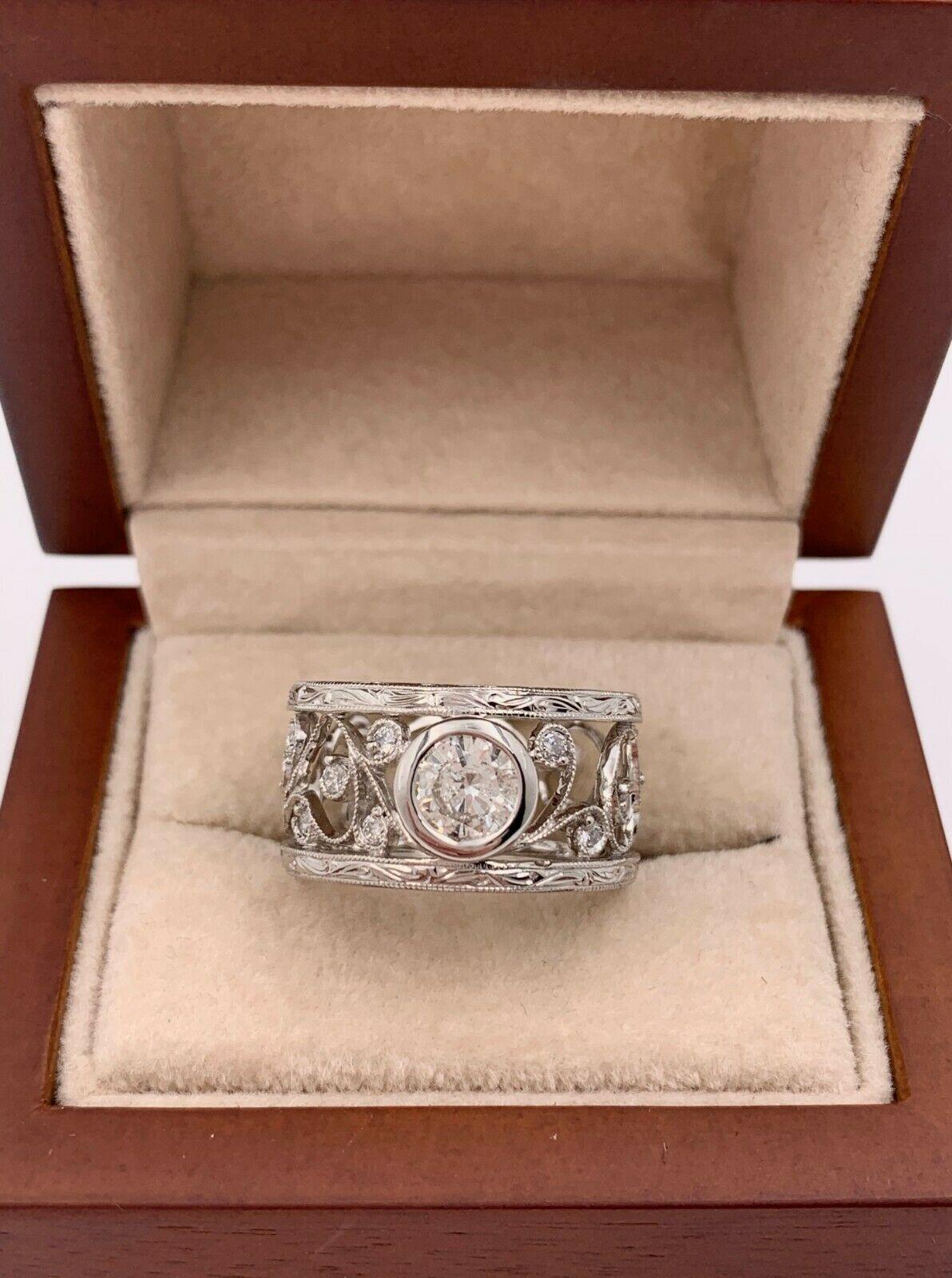 Bezel Set Diamond Ring 1.24 Carat Floral Filigree 14 Karat White Gold 1