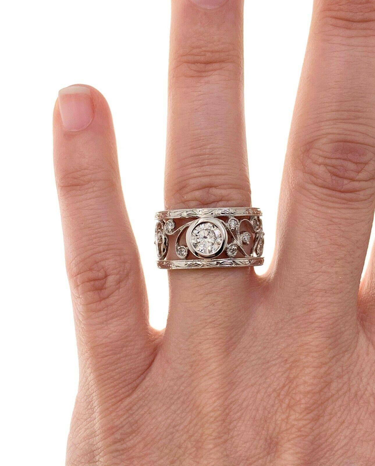Bezel Set Diamond Ring 1.24 Carat Floral Filigree 14 Karat White Gold 2