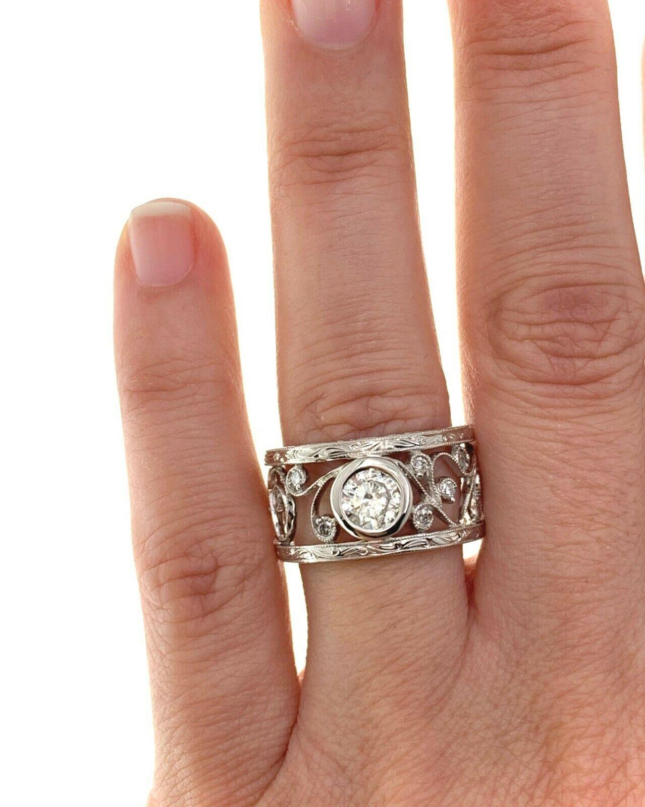 Bezel Set Diamond Ring 1.24 Carat Floral Filigree 14 Karat White Gold 3