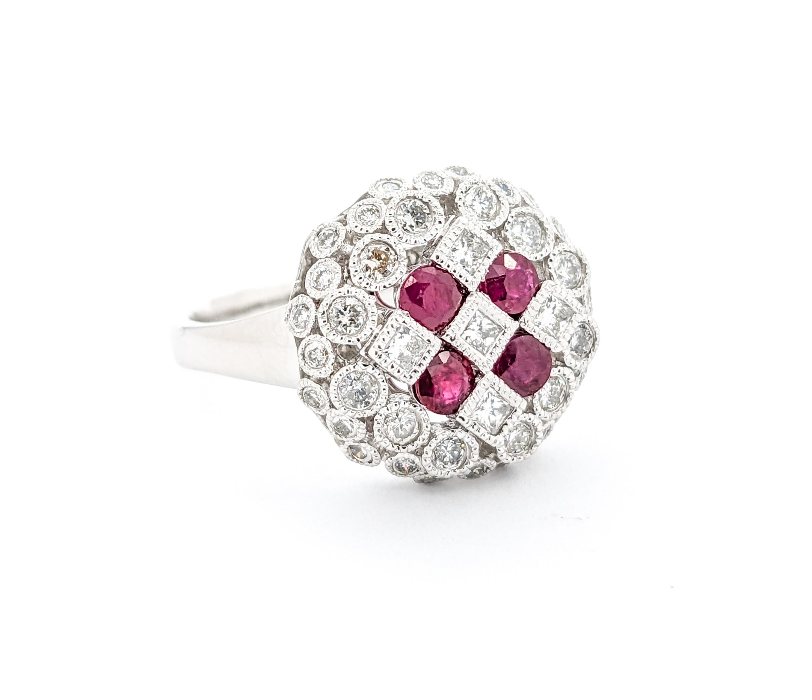 Modern Bezel Set Diamond & Rubies Ring In Platinum For Sale