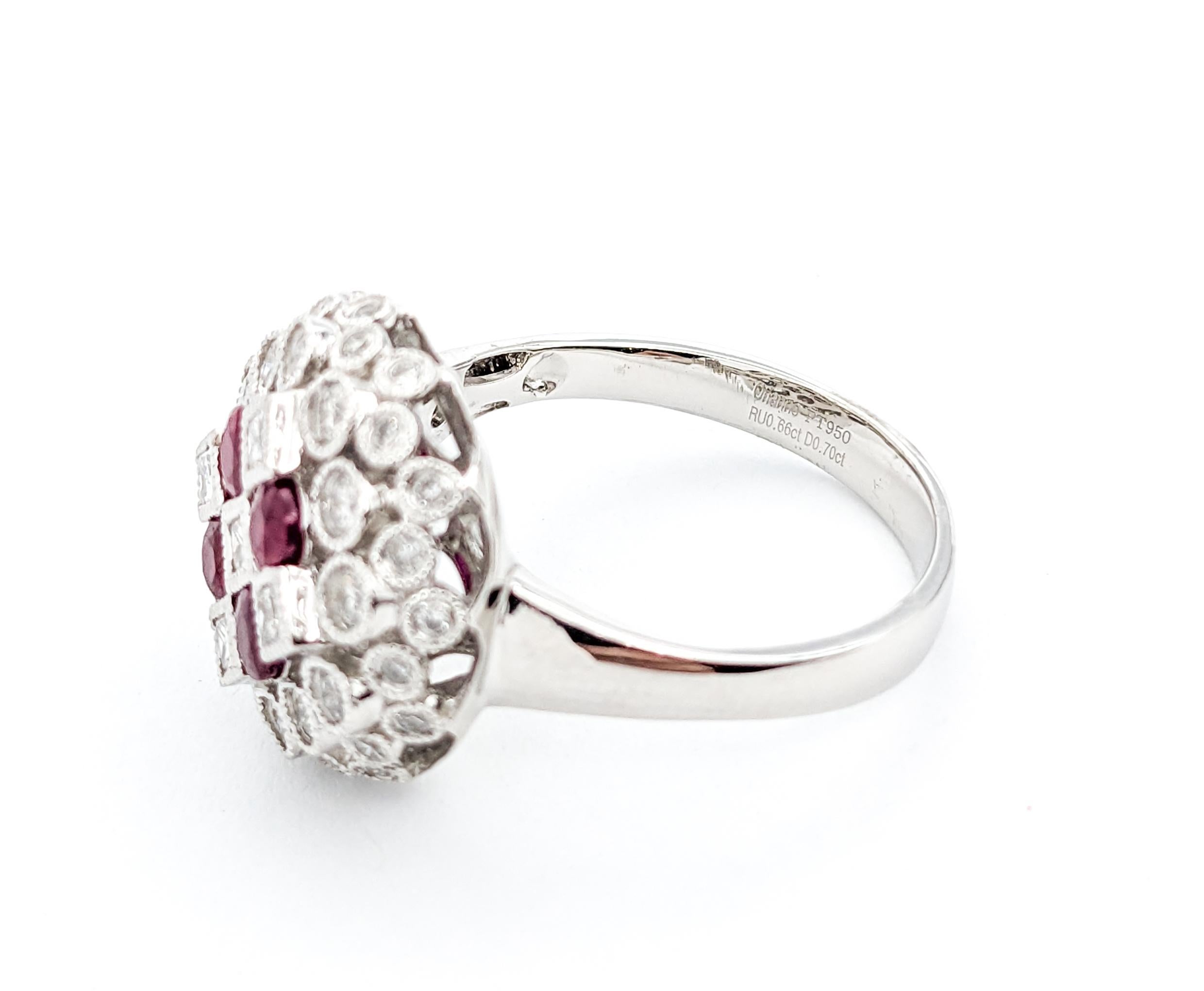 Round Cut Bezel Set Diamond & Rubies Ring In Platinum For Sale
