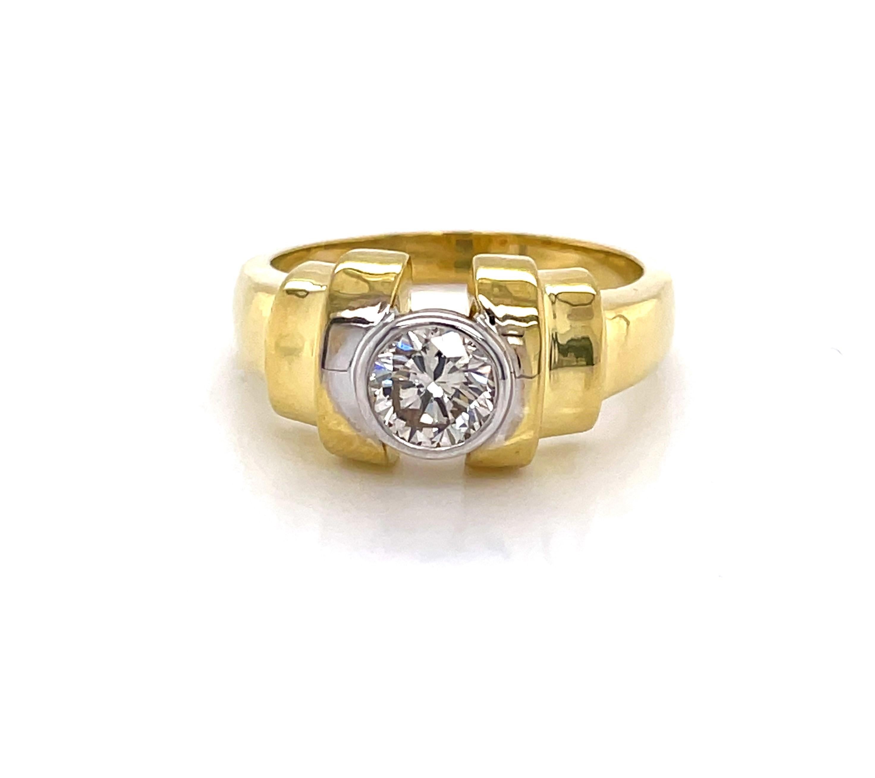 Bezel Set Diamond Solitaire 18 Karat Yellow Gold Estate Ring In Excellent Condition For Sale In Mount Kisco, NY