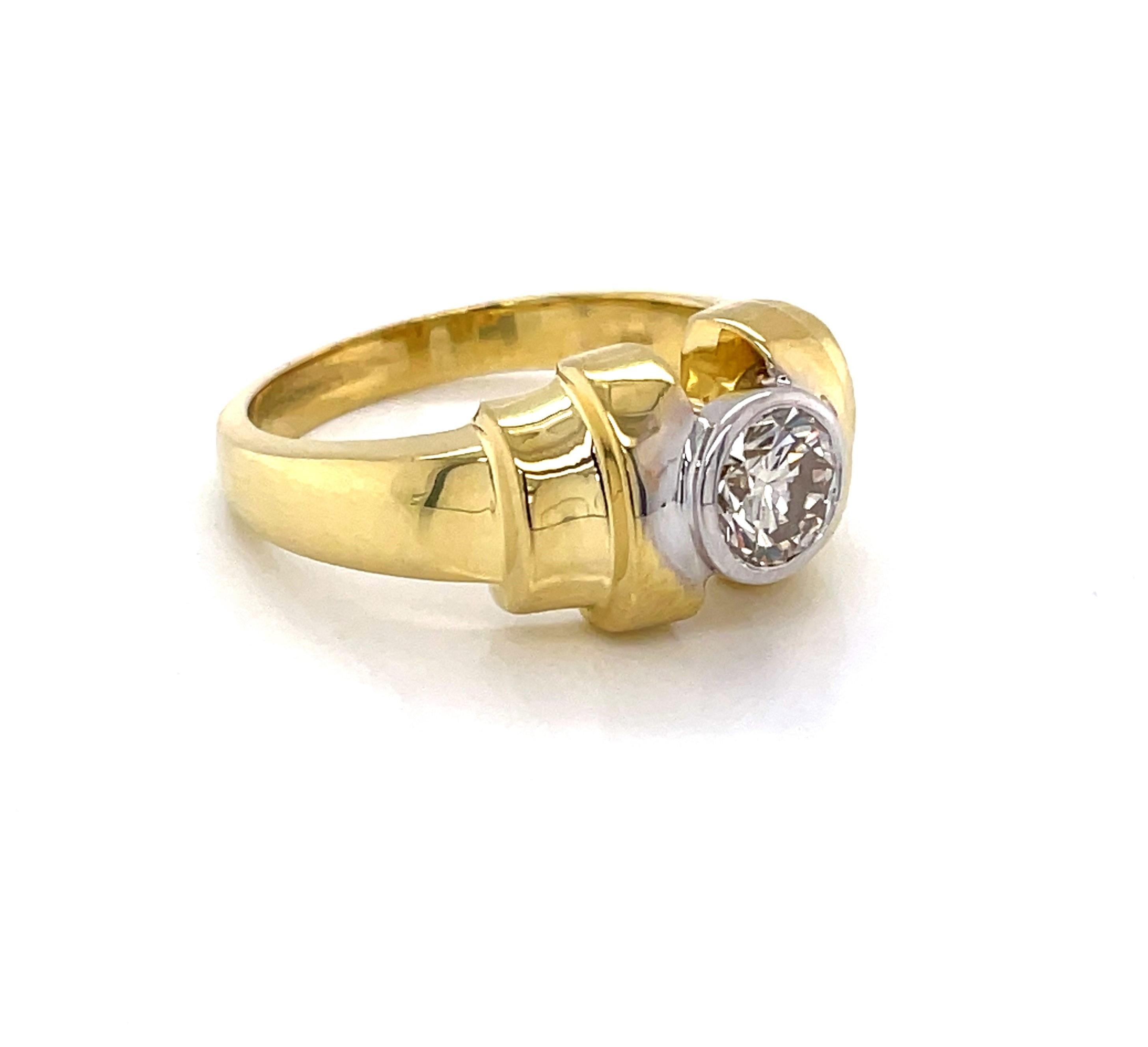 Women's or Men's Bezel Set Diamond Solitaire 18 Karat Yellow Gold Estate Ring For Sale