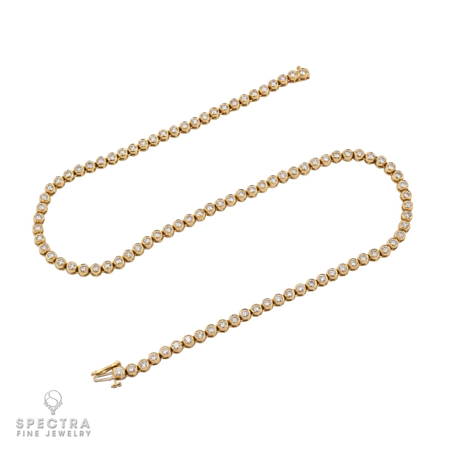 Brilliant Cut Bezel-Set Diamond Tennis Necklace in 18kt Yellow Gold For Sale