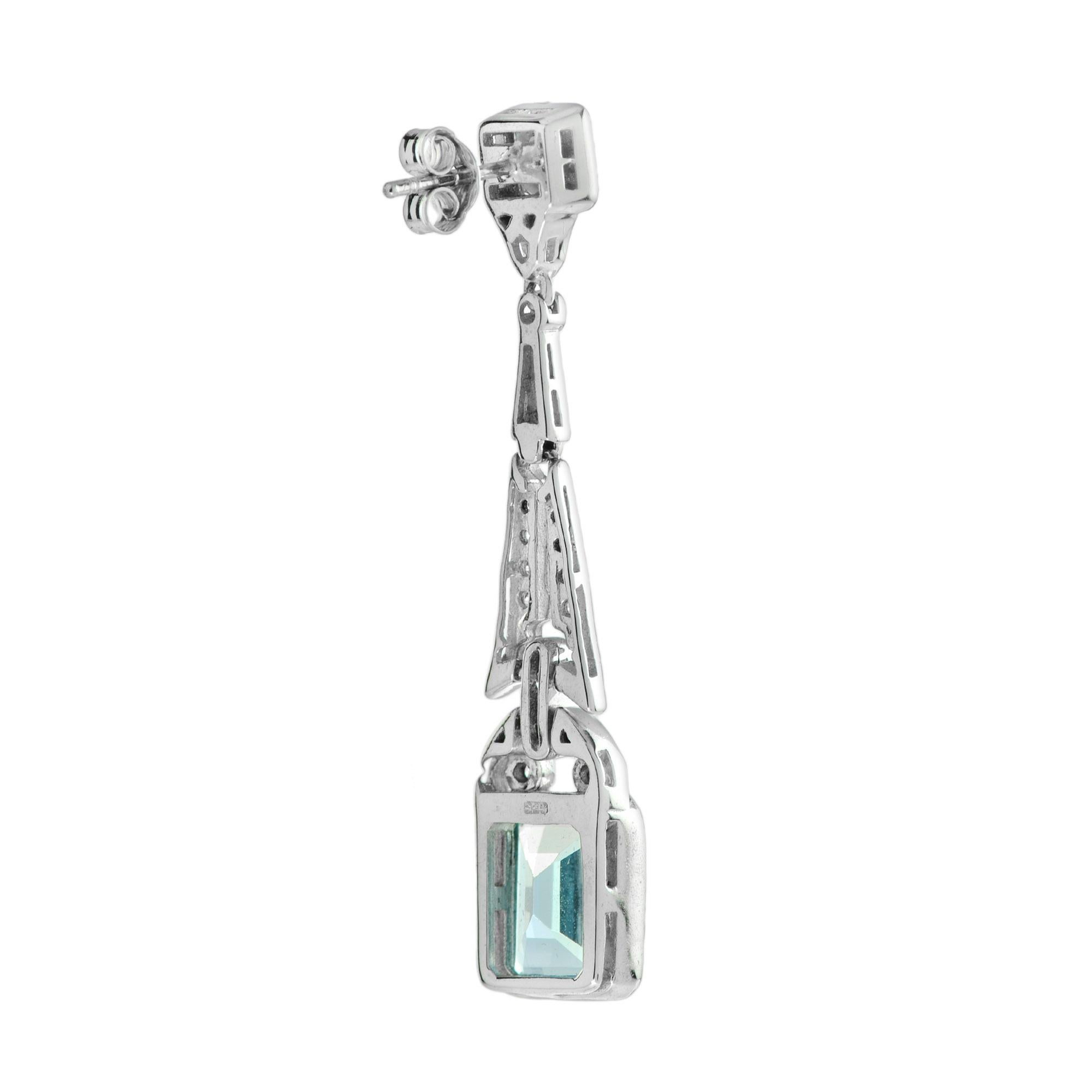 Bezel Set Emerald Cut Blue Topaz & Diamond Drop 14K White Gold Dangle Earrings im Zustand „Neu“ im Angebot in Oakton, VA