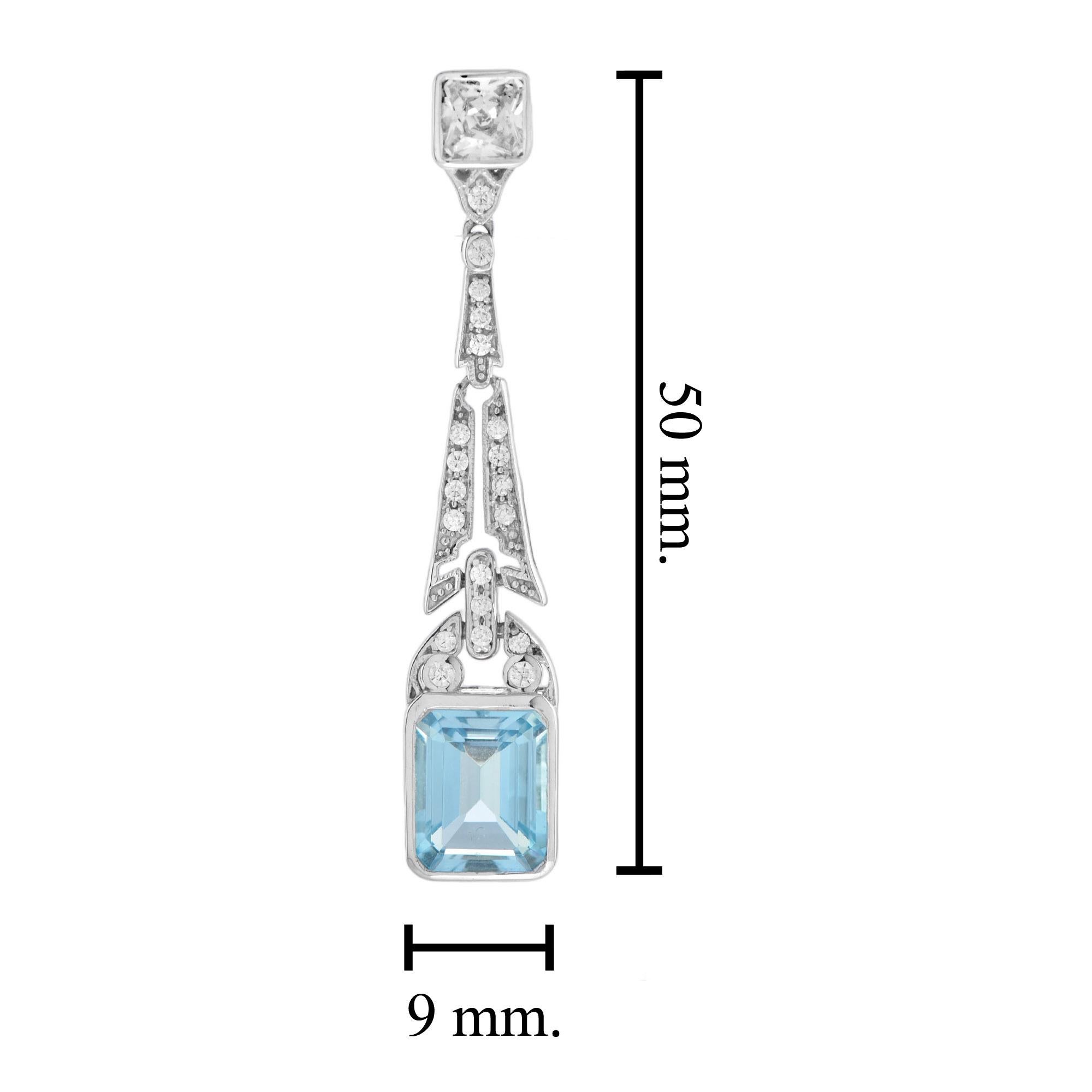 Bezel Set Emerald Cut Blue Topaz & Diamond Drop 14K White Gold Dangle Earrings im Angebot 1
