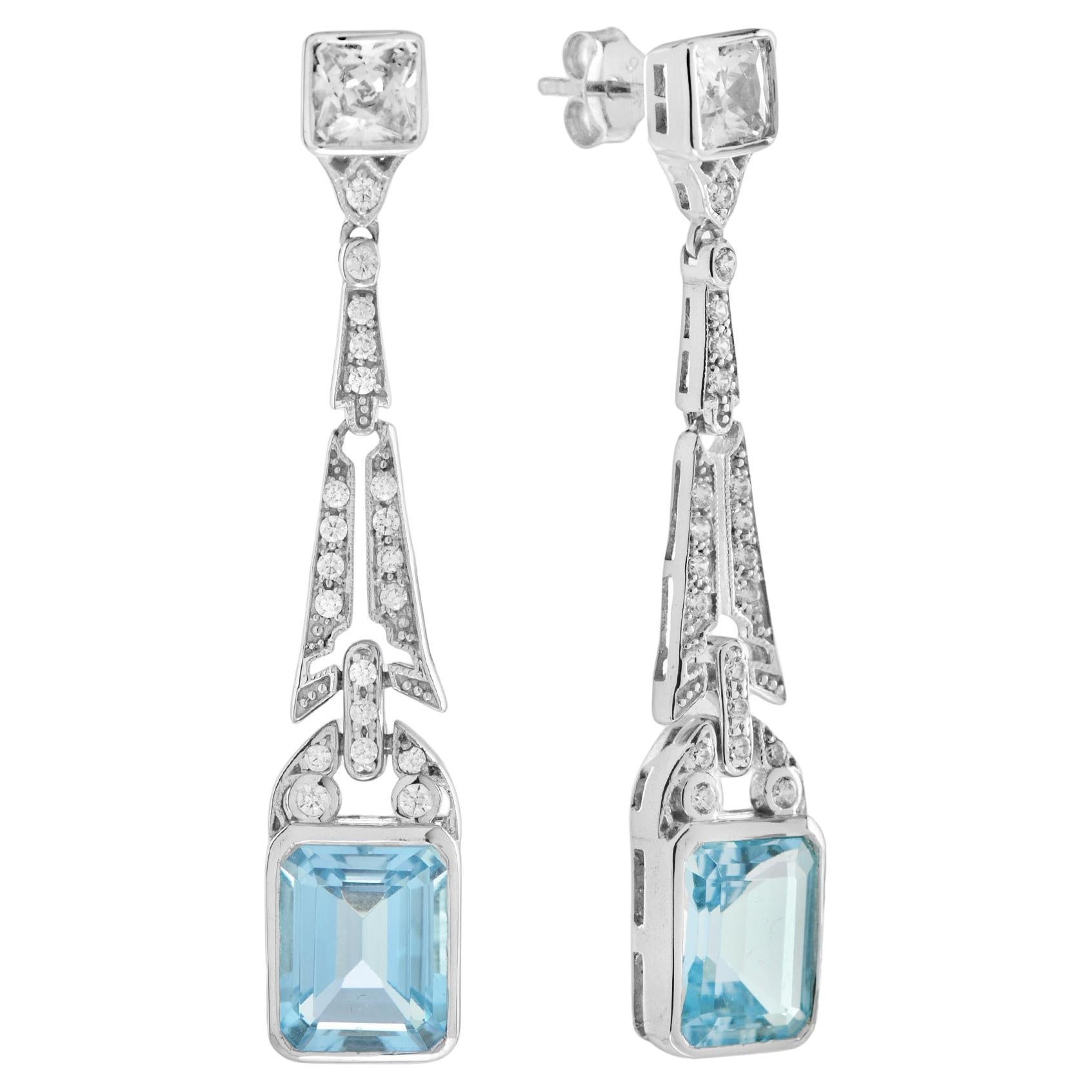 Bezel Set Emerald Cut Blue Topaz & Diamond Drop 14K White Gold Dangle Earrings