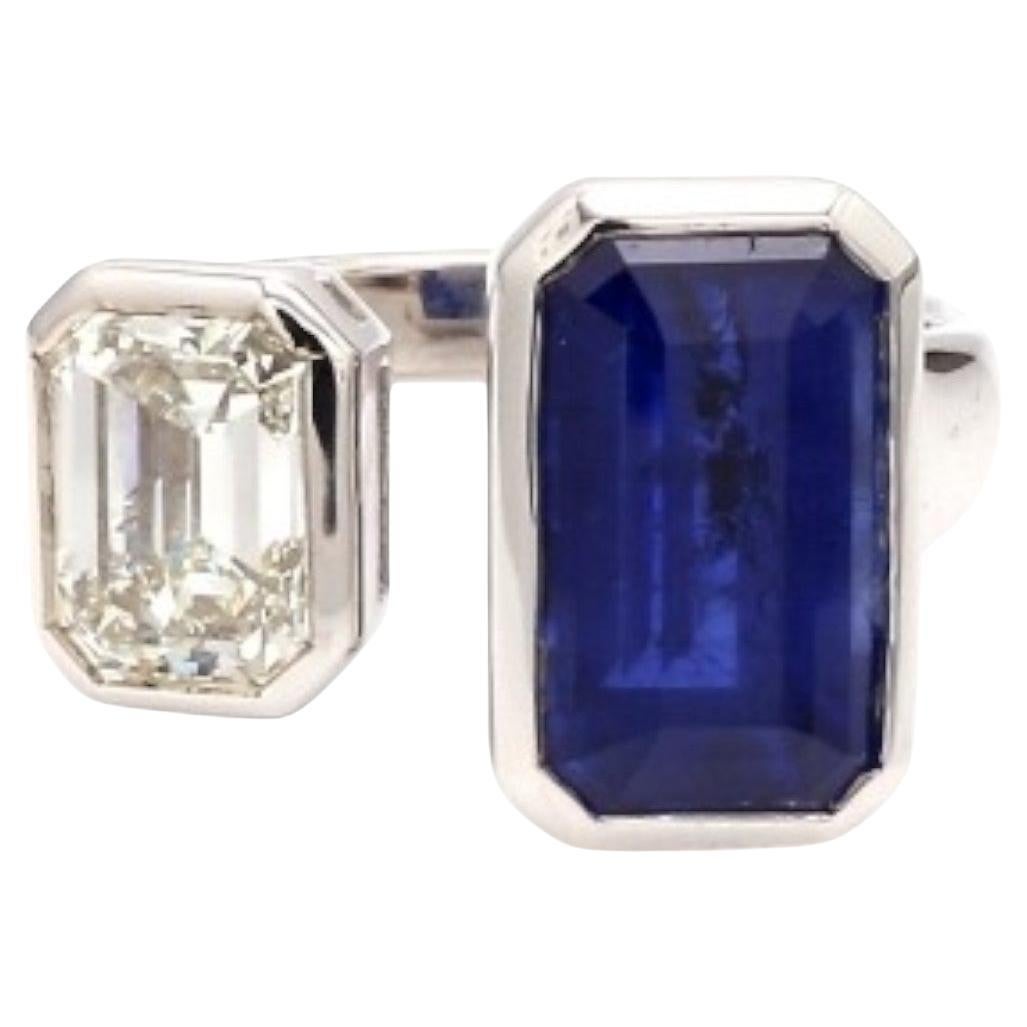 Bezel-Set Emerald Cut Diamond and Sapphire Ring