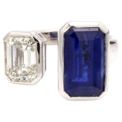 Bezel-Set Emerald Cut Diamond and Sapphire Ring