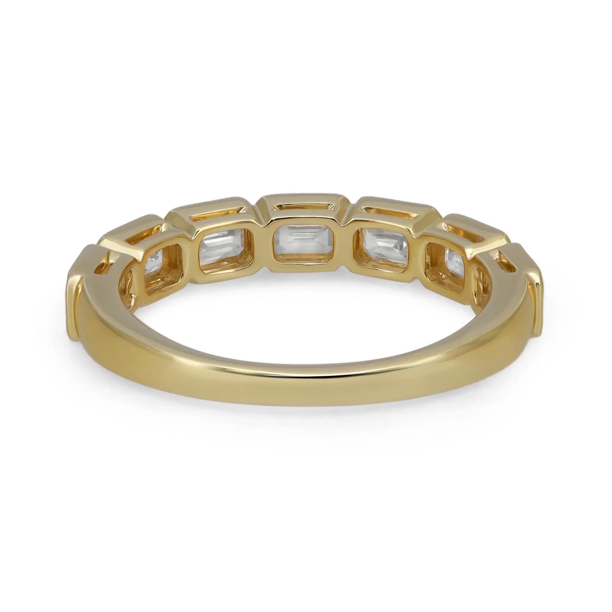Modern Bezel Set Emerald Cut Diamond Eternity Band Ring 18K Yellow Gold 1.19Cttw Size 6 For Sale