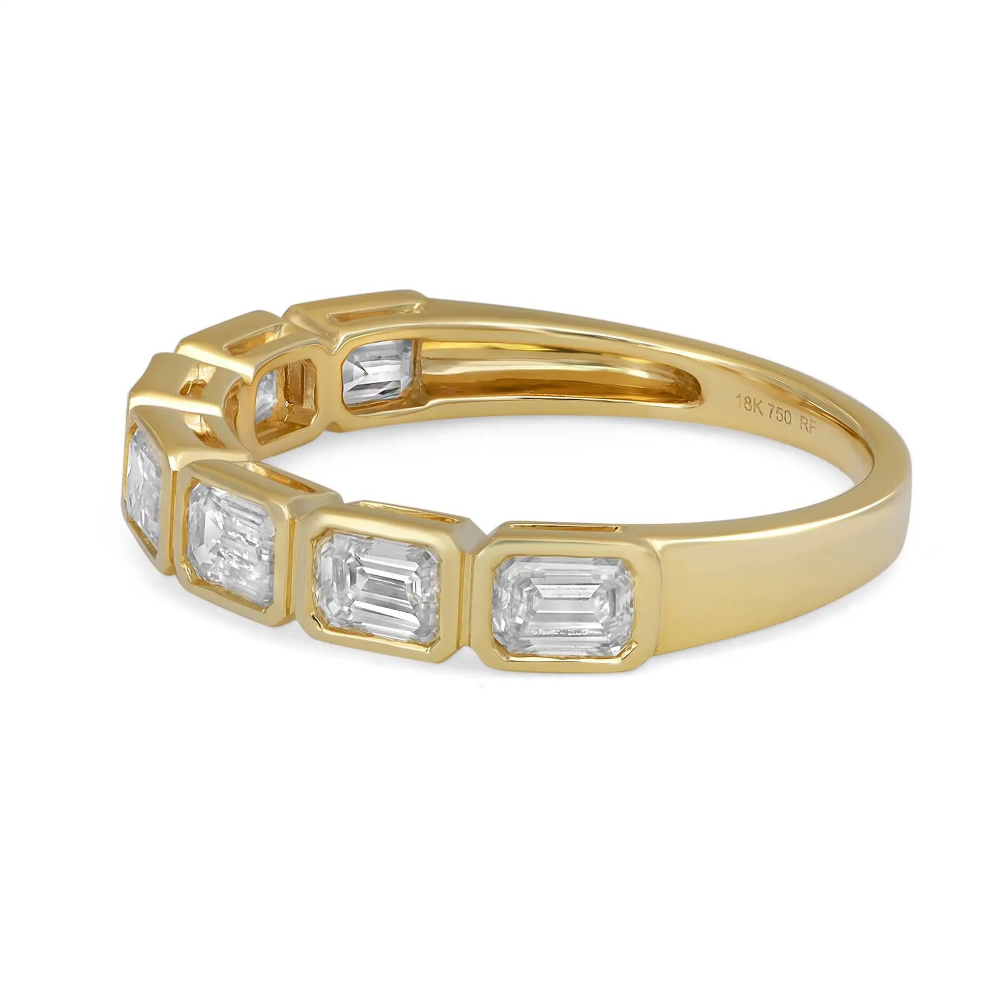 Bezel Set Emerald Cut Diamond Eternity Band Ring 18K Yellow Gold 1.19Cttw Size 6 In New Condition For Sale In New York, NY