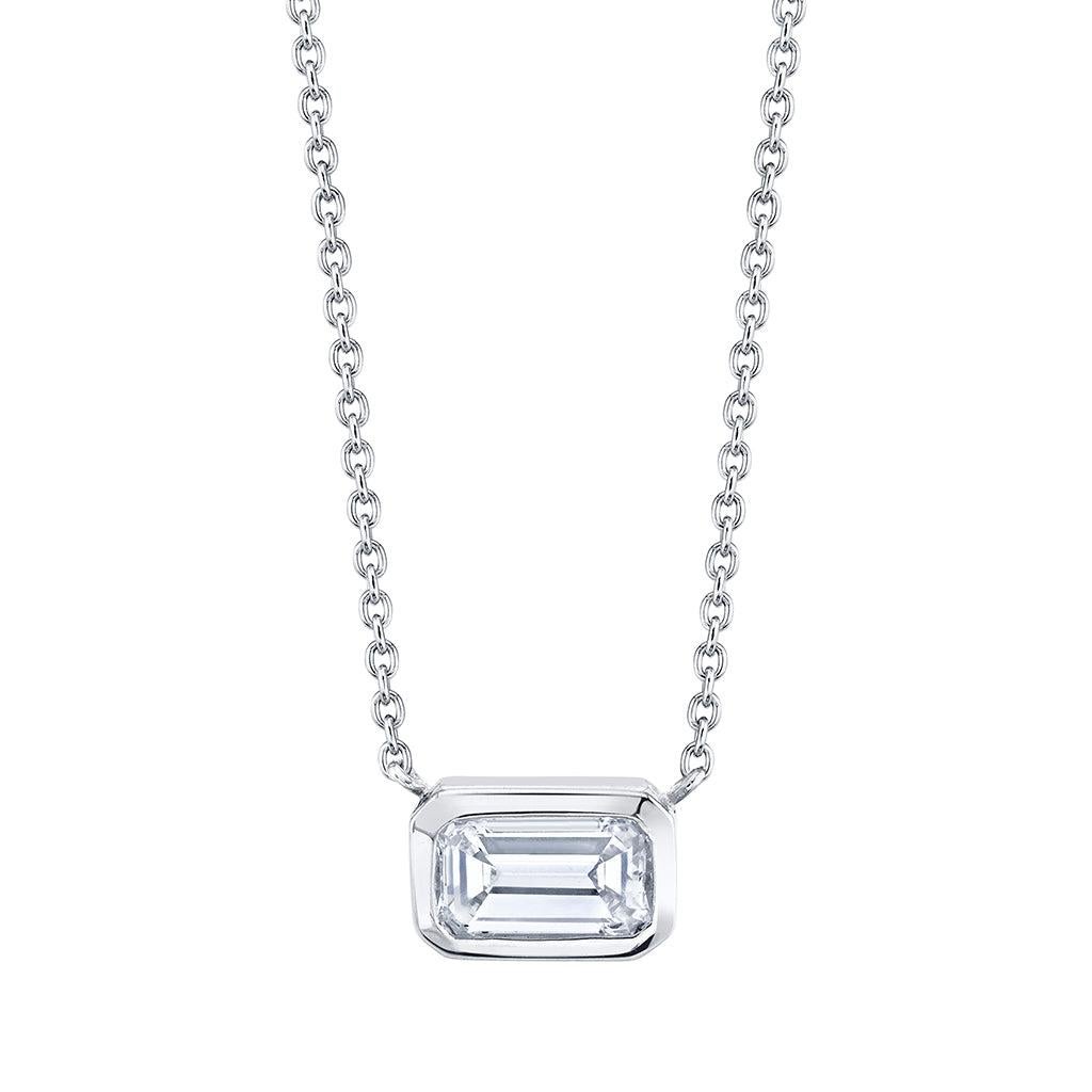 Modern Bezel Set Emerald Cut Diamond Necklace For Sale