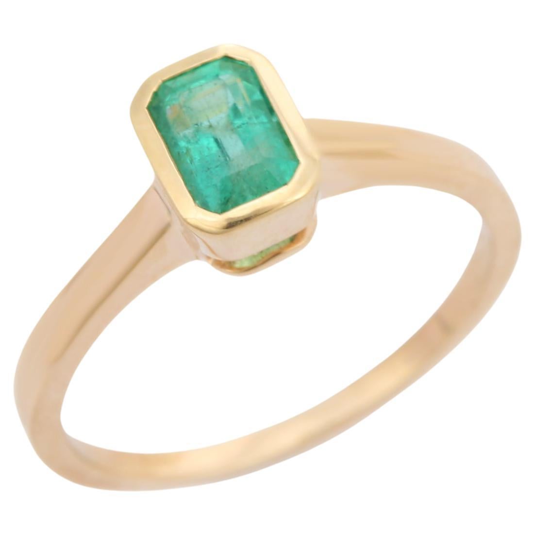 Handmade Bezel Set Emerald Single Stone Ring in 14k Solid Yellow Gold