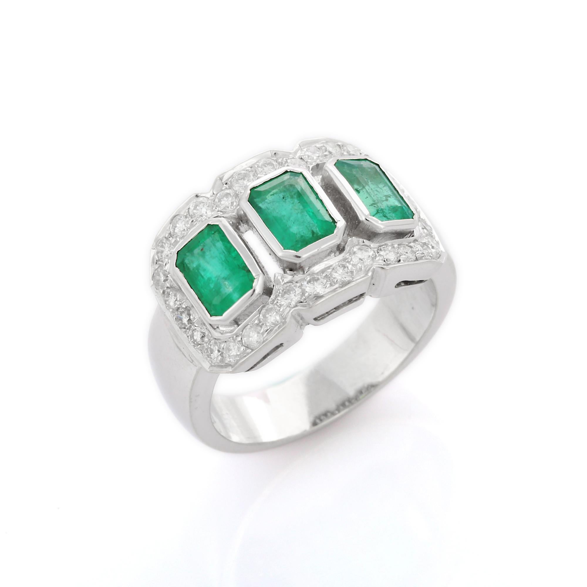 For Sale:  Bezel Set 3.1 ct Emeralds with Diamonds 18K White Gold Three Stone Wedding Ring 2