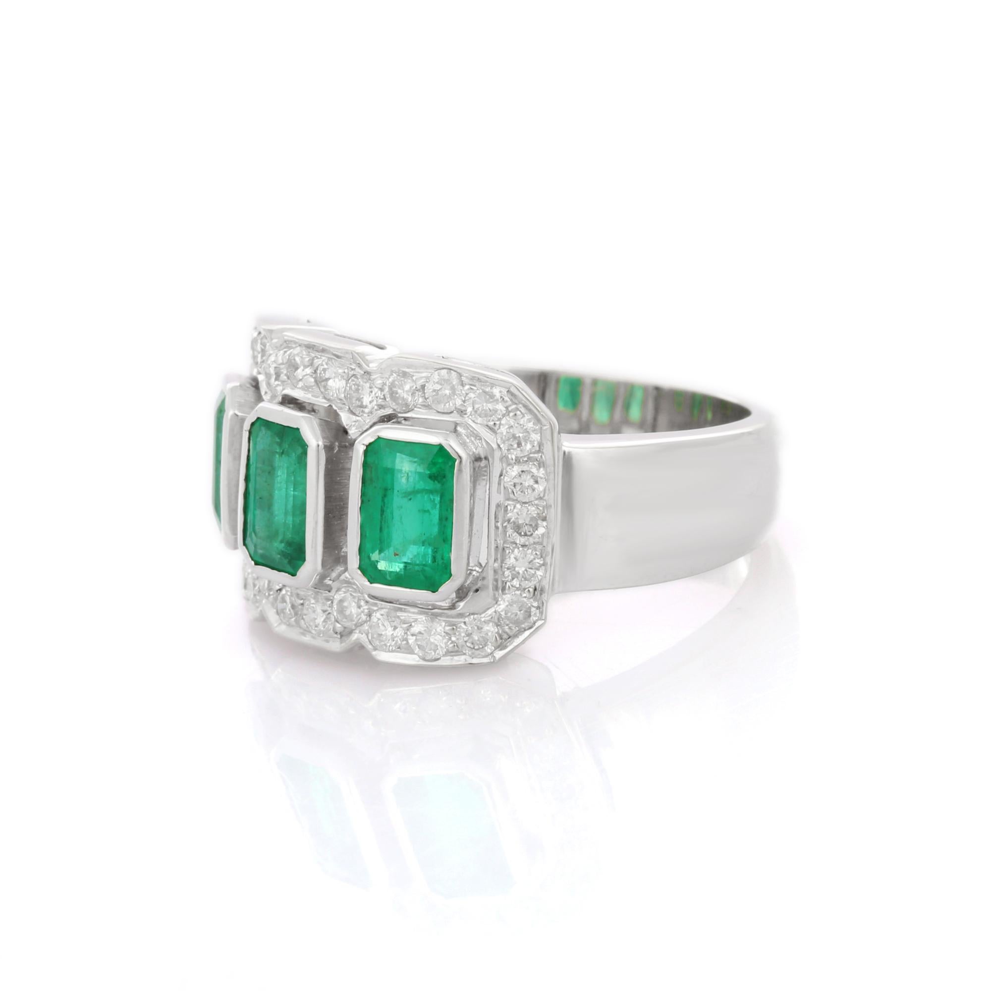 For Sale:  Bezel Set 3.1 ct Emeralds with Diamonds 18K White Gold Three Stone Wedding Ring 4