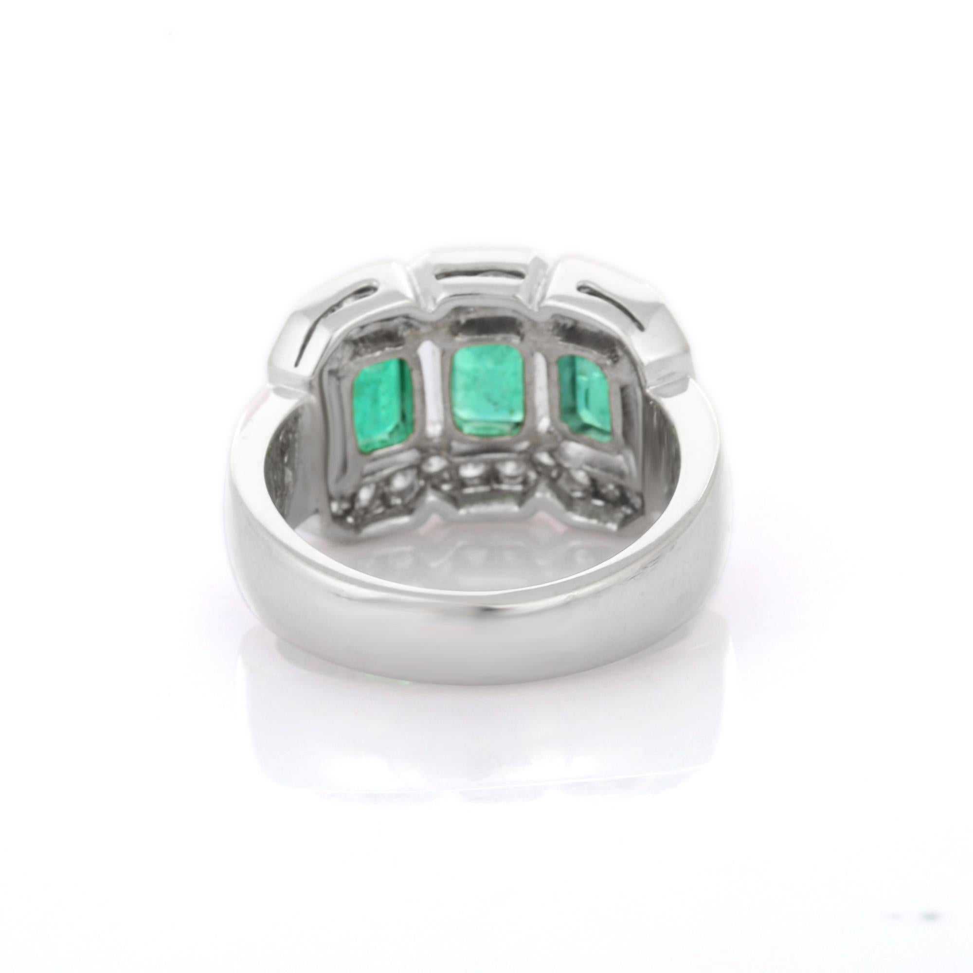 For Sale:  Bezel Set 3.1 ct Emeralds with Diamonds 18K White Gold Three Stone Wedding Ring 6