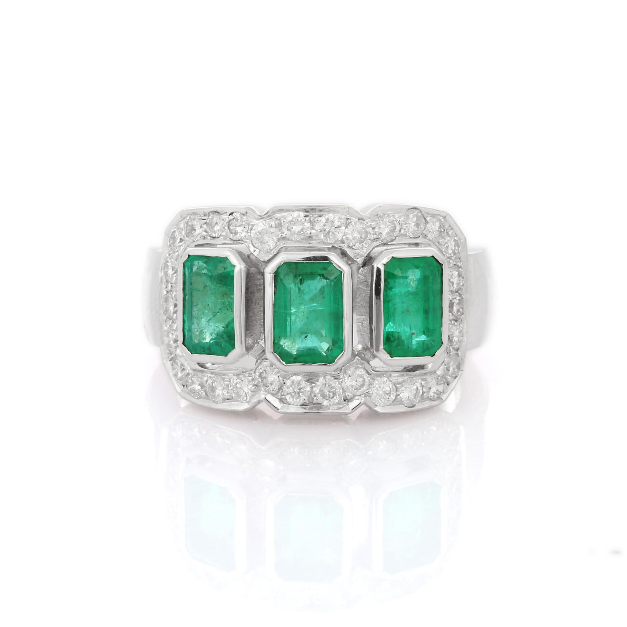 For Sale:  Bezel Set 3.1 ct Emeralds with Diamonds 18K White Gold Three Stone Wedding Ring 7