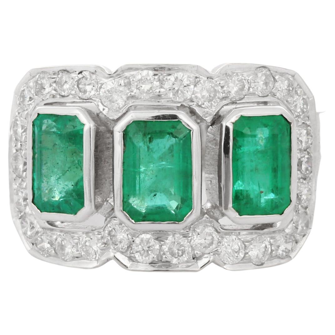 For Sale:  Bezel Set 3.1 ct Emeralds with Diamonds 18K White Gold Three Stone Wedding Ring