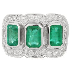 Bezel Set 3.1 ct Emeralds with Diamonds 18K White Gold Three Stone Wedding Ring
