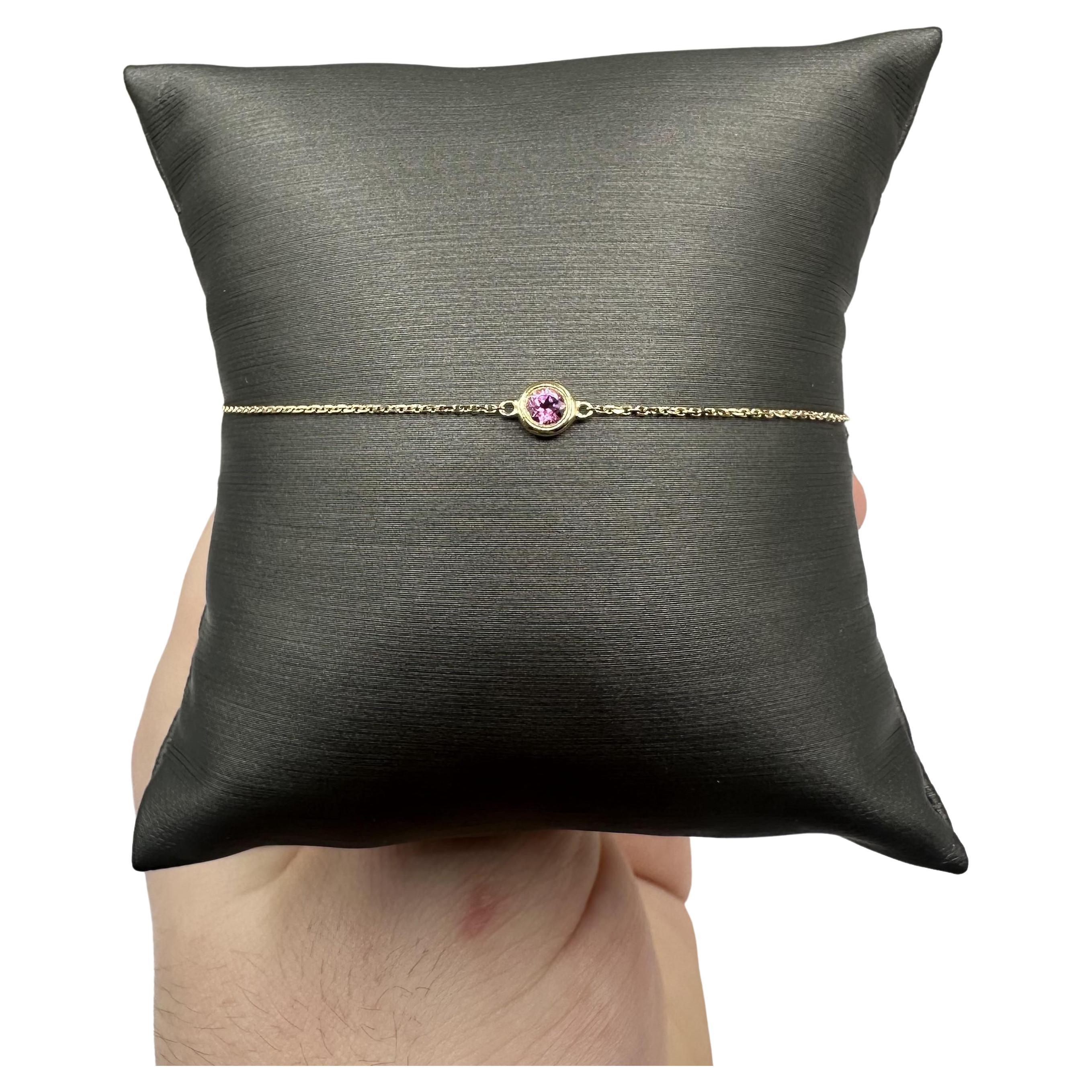 Bezel Set Gemstone Bracelet in 14kt Yellow Gold - 0.12ctw Pink Tourmaline, Adj. For Sale