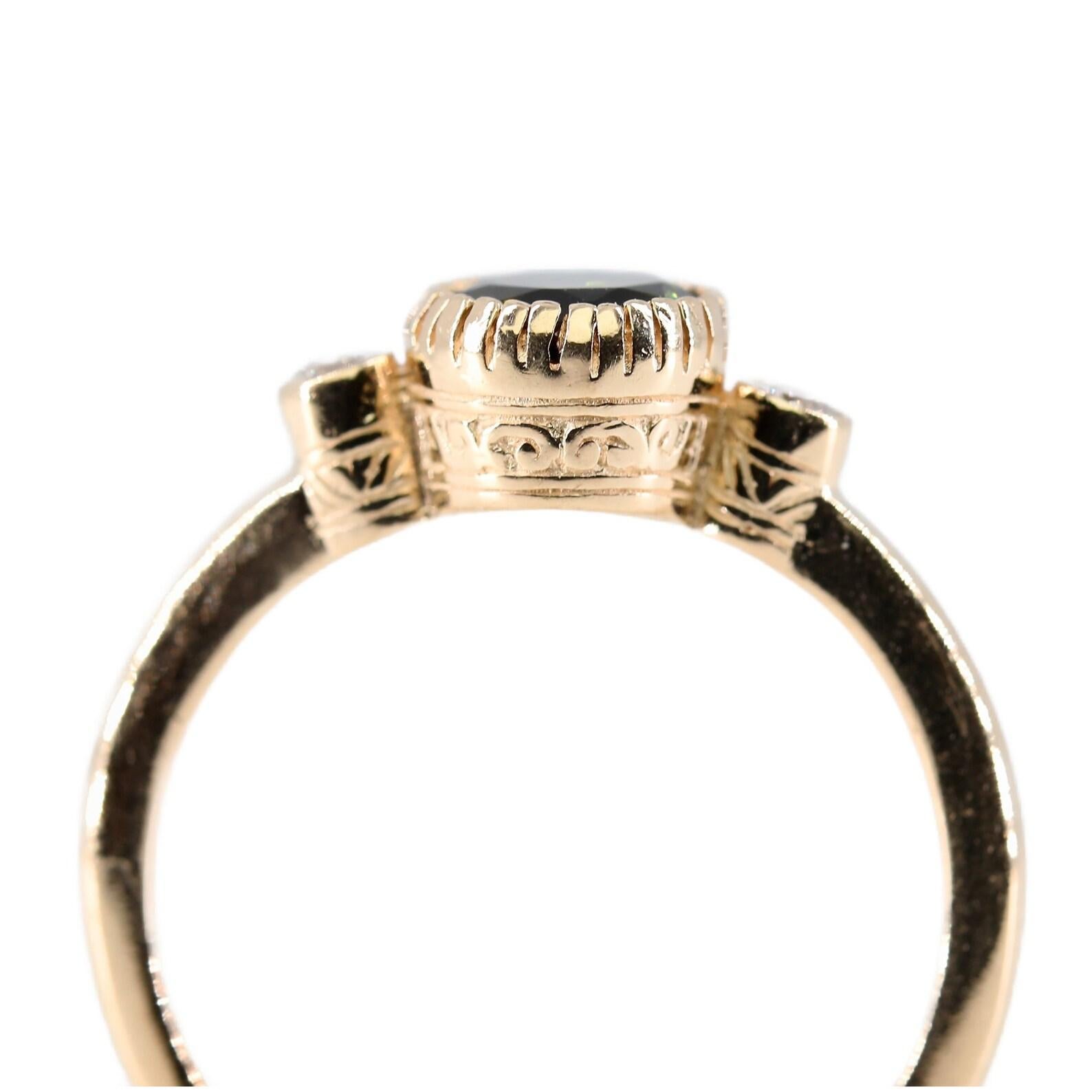 Women's Bezel Set Green Tourmaline & Diamond Three Stone Ring in 14 Karat Yellow Gold For Sale