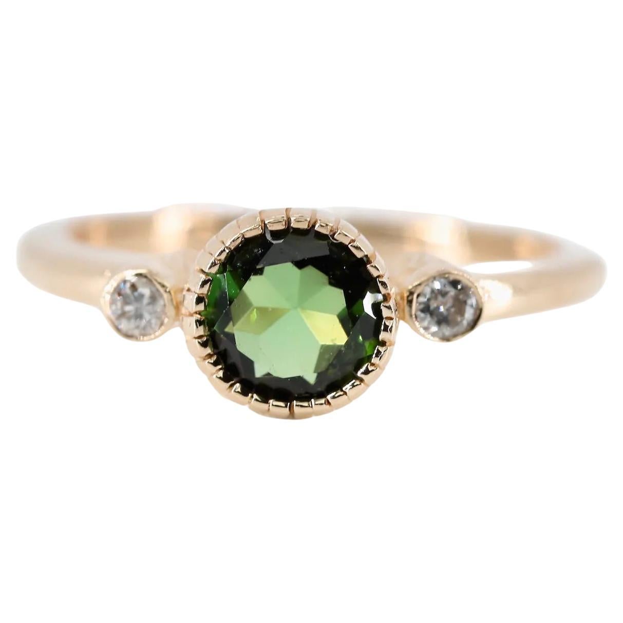 Bezel Set Green Tourmaline & Diamond Three Stone Ring in 14 Karat Yellow Gold For Sale