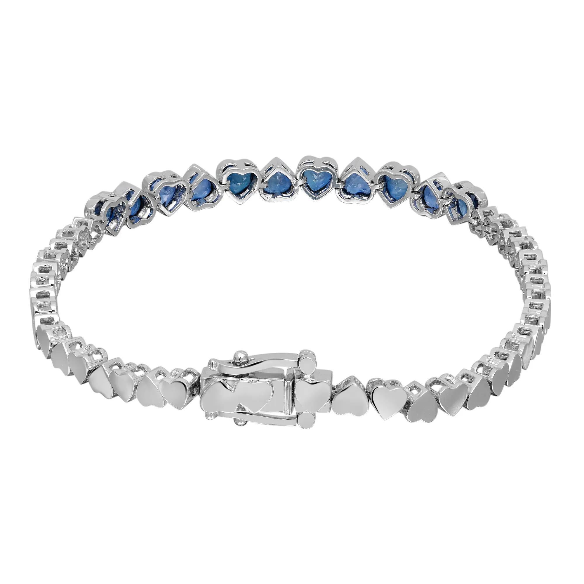 Modern Bezel Set Heart Shape Blue Sapphire Bracelet 14K White Gold 7 Inches For Sale