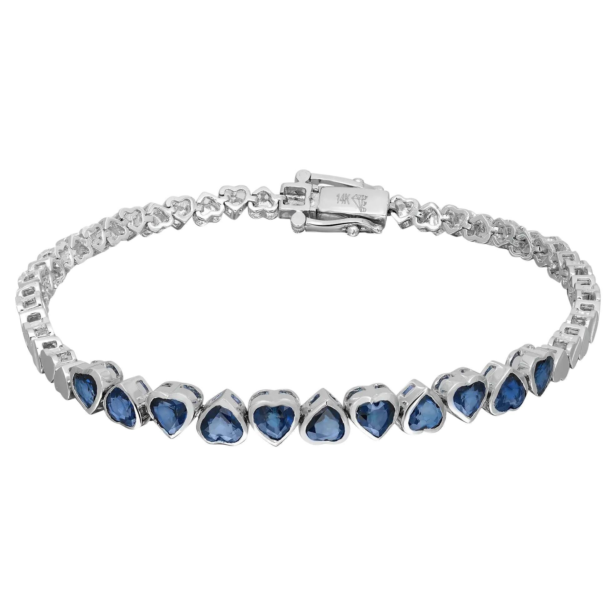 Armband in Herzform mit blauem Saphir in Lünette 14K Weißgold 7 Zoll