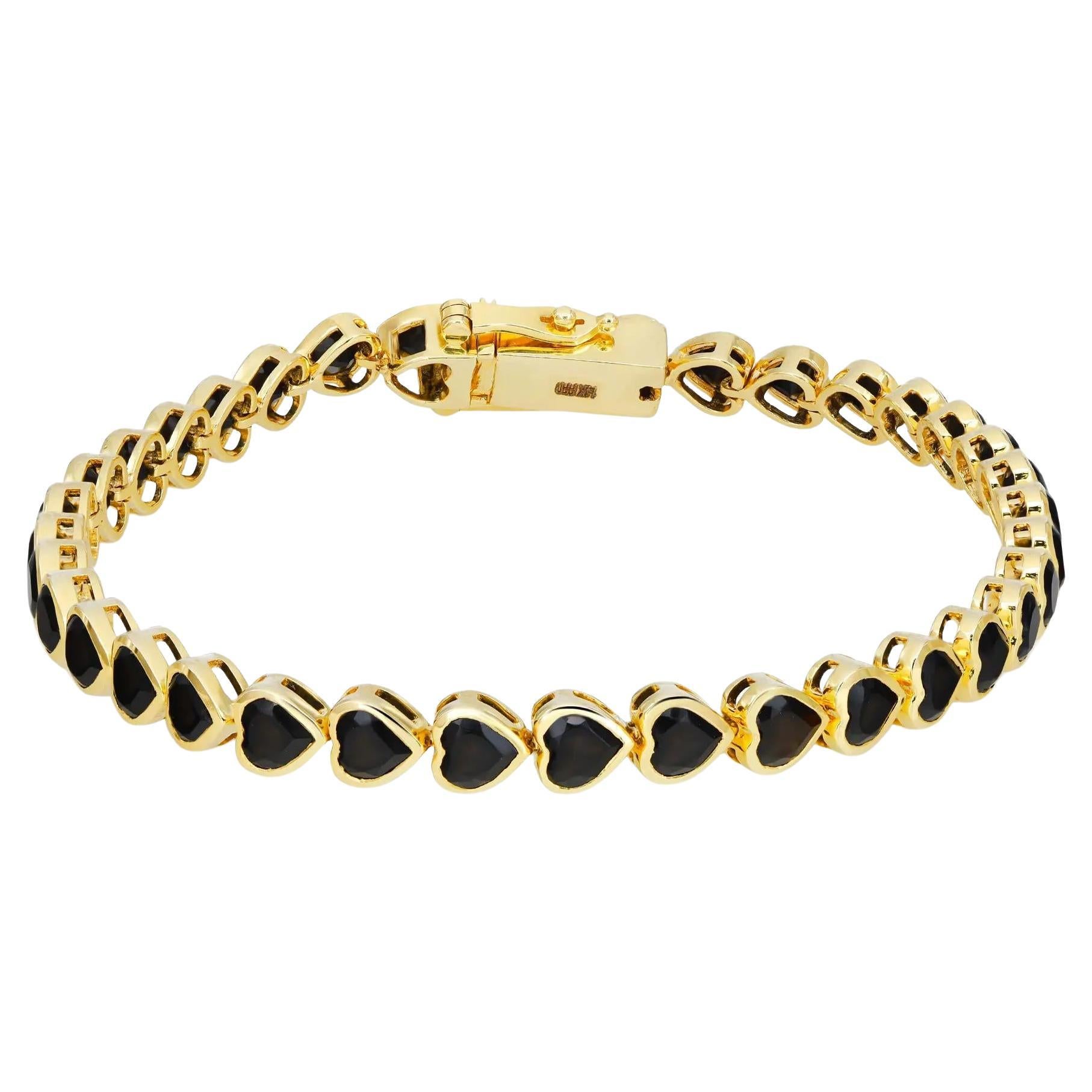 Bezel Set Heart Shape Onyx Tennis Bracelet 14K Yellow Gold 7.5 Inches For Sale