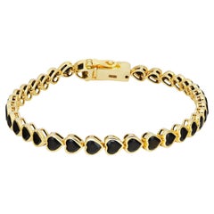 Bezel Set Heart Shape Onyx Tennis Bracelet 14K Yellow Gold 7.5 Inches