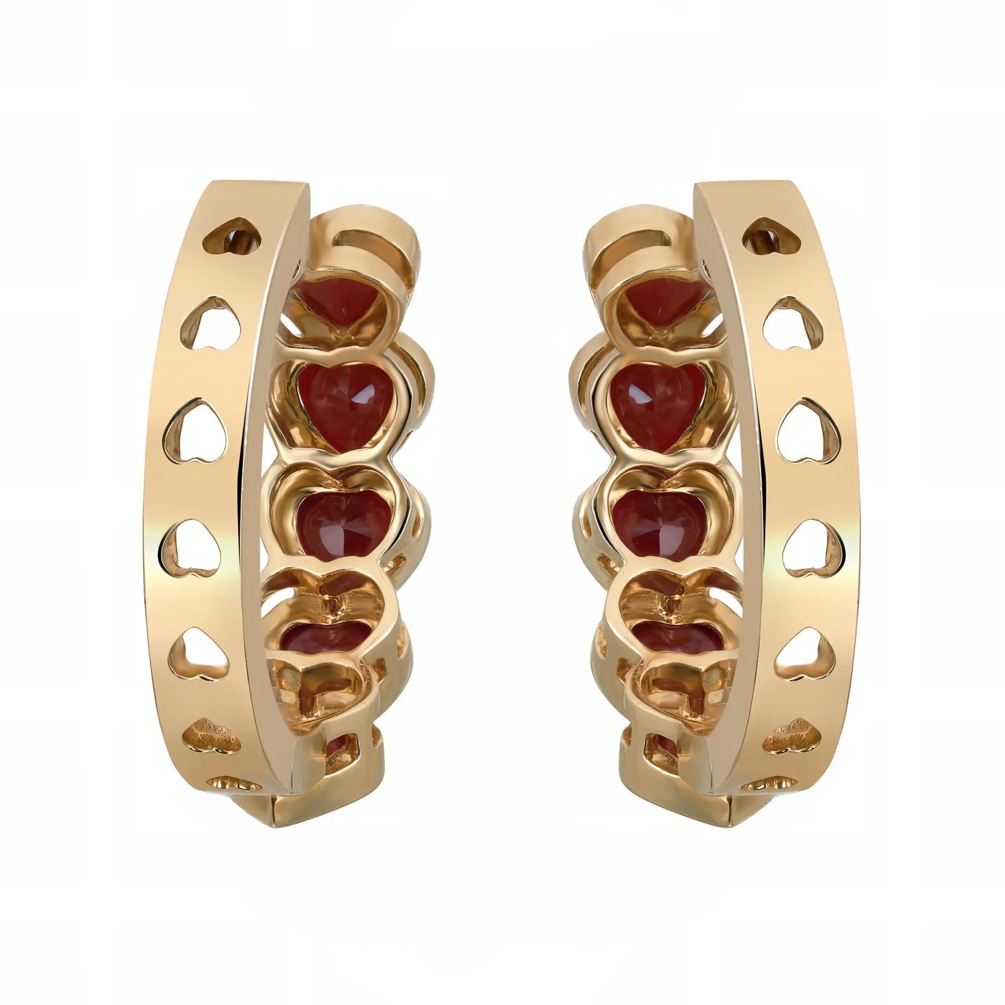 Modern Bezel Set Heart Shape Ruby Huggie Earrings 14K Yellow Gold 2.89Cttw For Sale