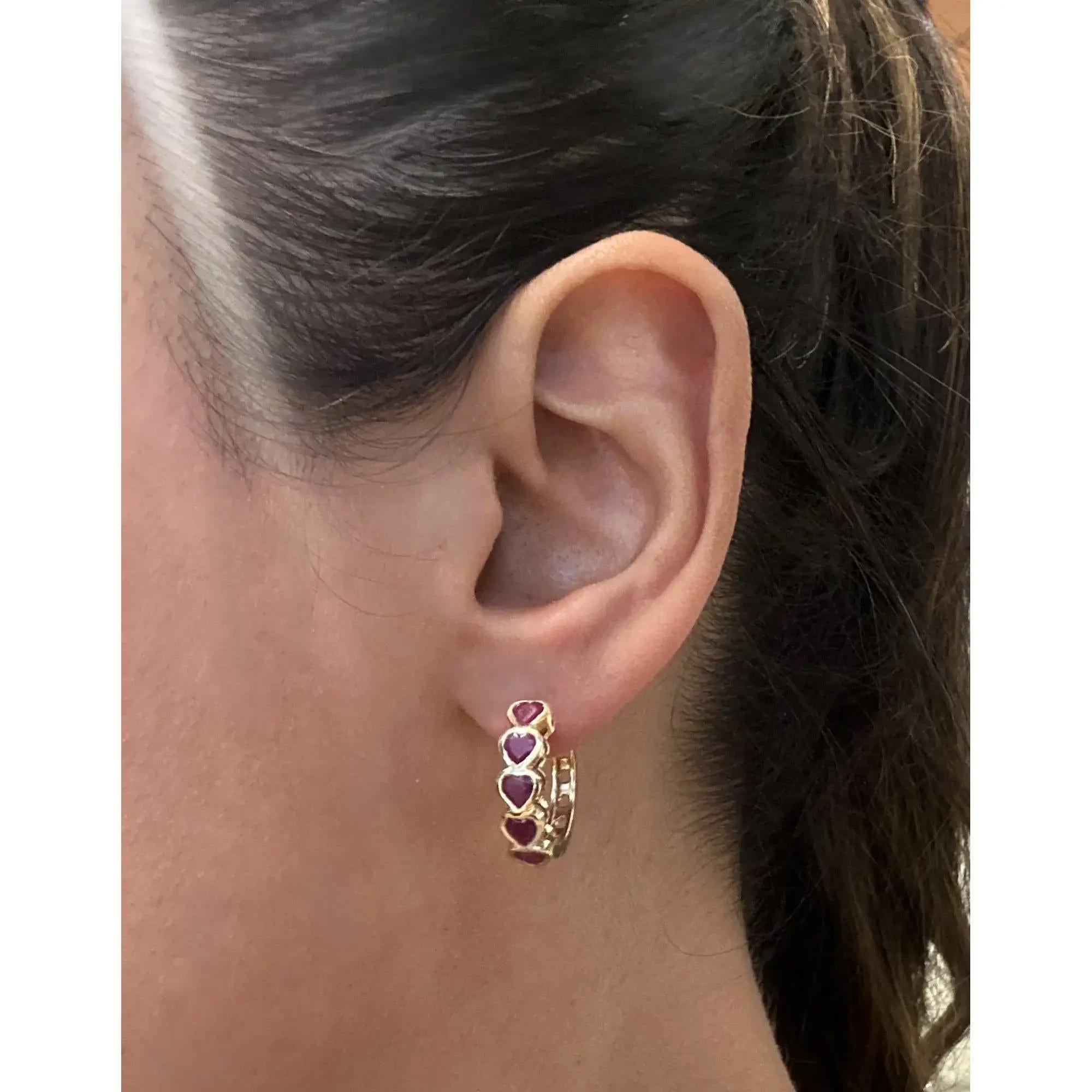 Heart Cut Bezel Set Heart Shape Ruby Huggie Earrings 14K Yellow Gold 2.89Cttw For Sale