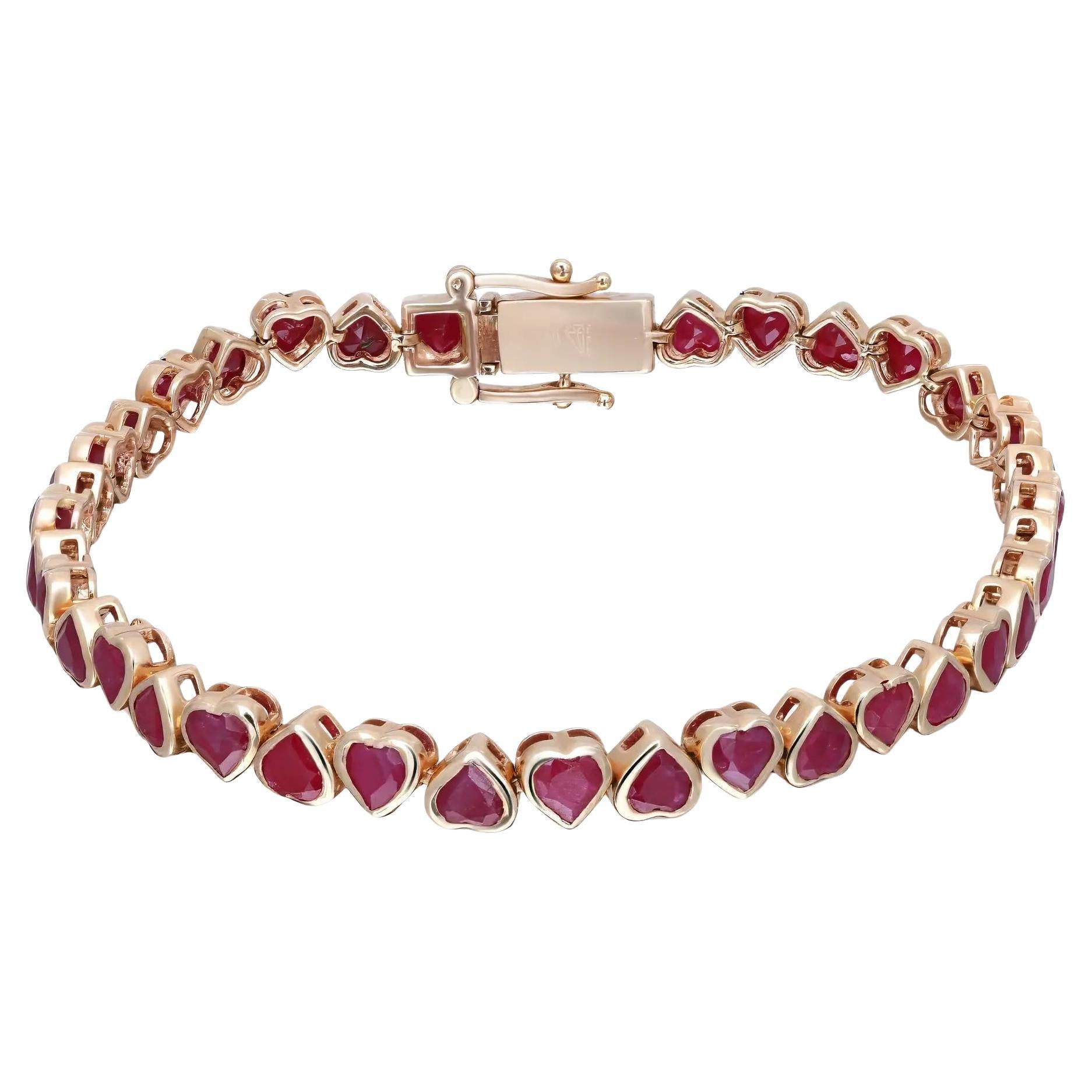 Tennisarmband in Herzform mit Rubin in Lünette 14K Gelbgold 11,10 Gesamtkaratgewicht 7 Zoll