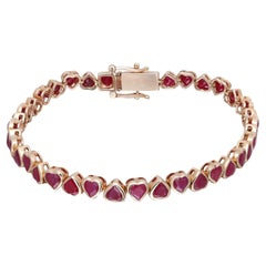 Bezel Set Heart Shape Ruby Tennis Bracelet 14K Yellow Gold 11.10Ctw 7 Inches