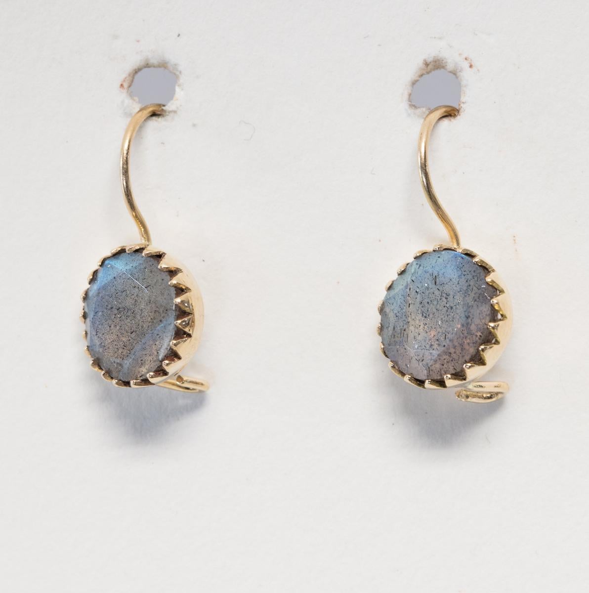 Women's or Men's Bezel-Set Labradorite and 18 Karat Gold Drop Earrings