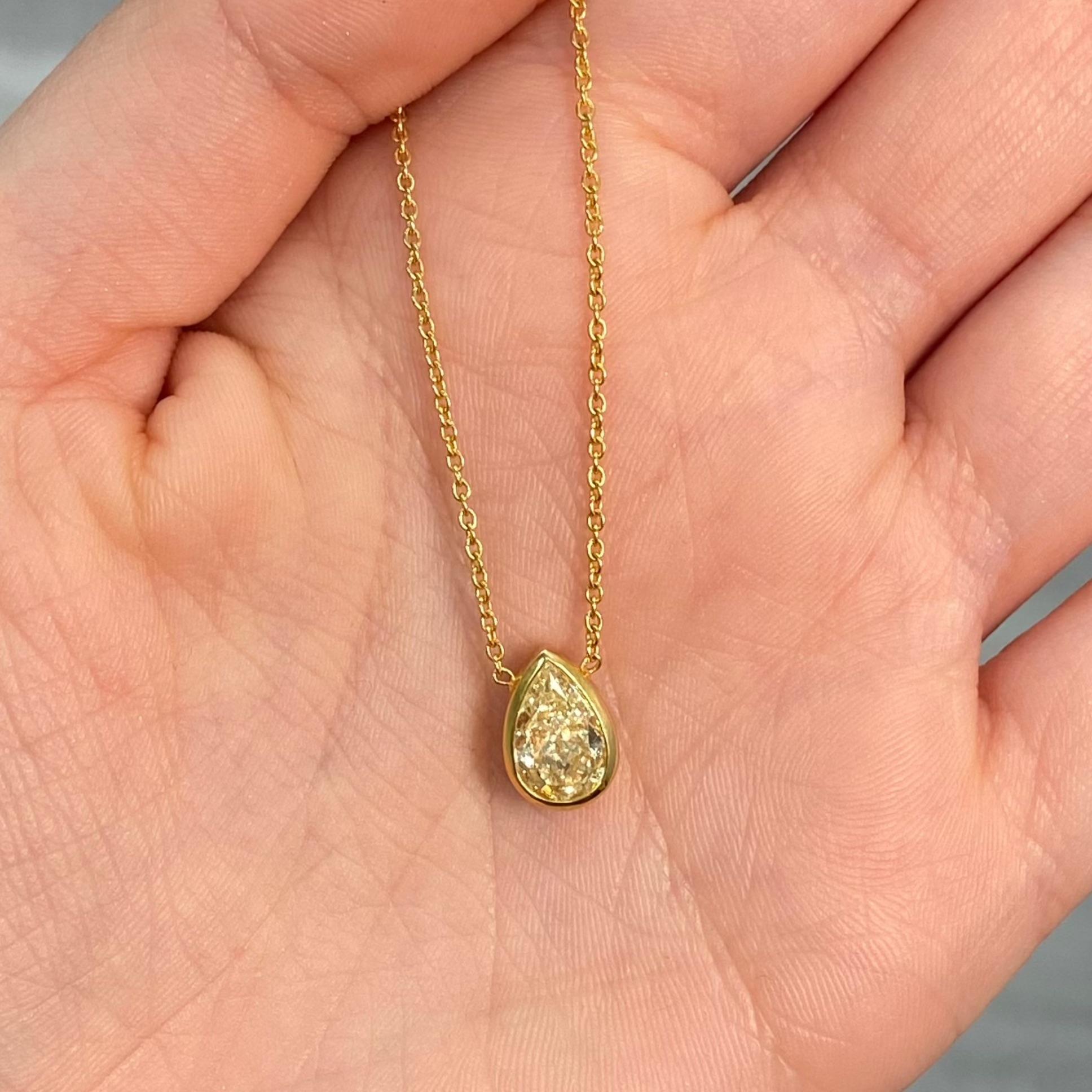 1.53 Carat Center
Pear Shape
Light Yellow (YZ)
Sleek Bezel Setting
Crafted in 18k Yellow Gold
Handmade in NYC

This piece can be viewed before purchase in our showroom in NYC, or at one of our retail partners throughout the country, please inquire