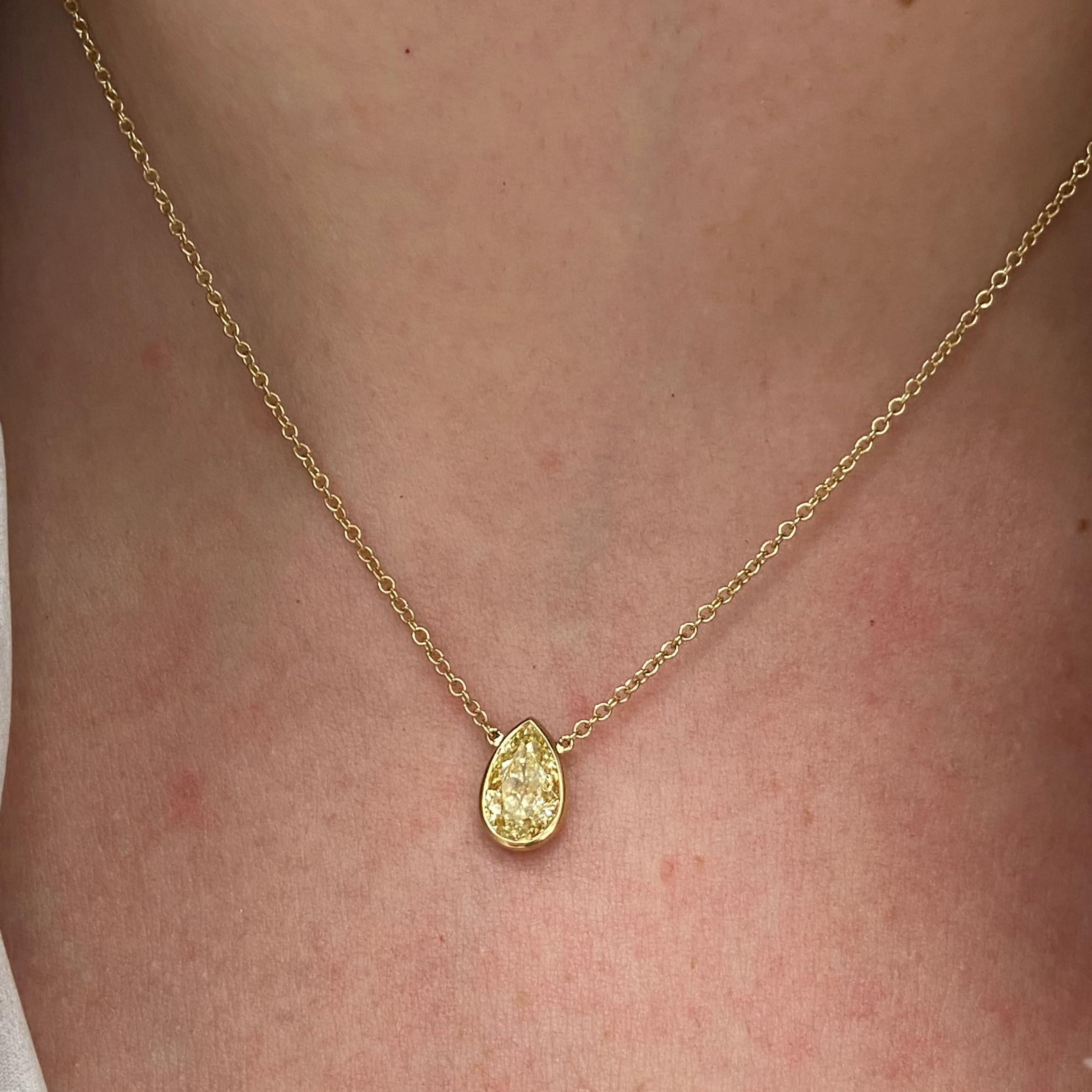 Pear Cut Bezel Set Light Yellow Pear Shape Diamond Necklace For Sale