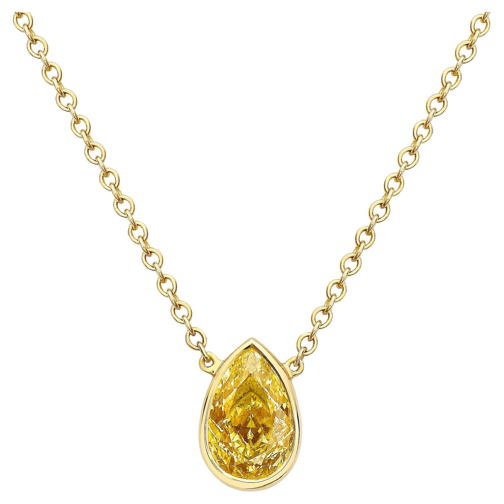 Bezel Set Light Yellow Pear Shape Diamond Necklace For Sale
