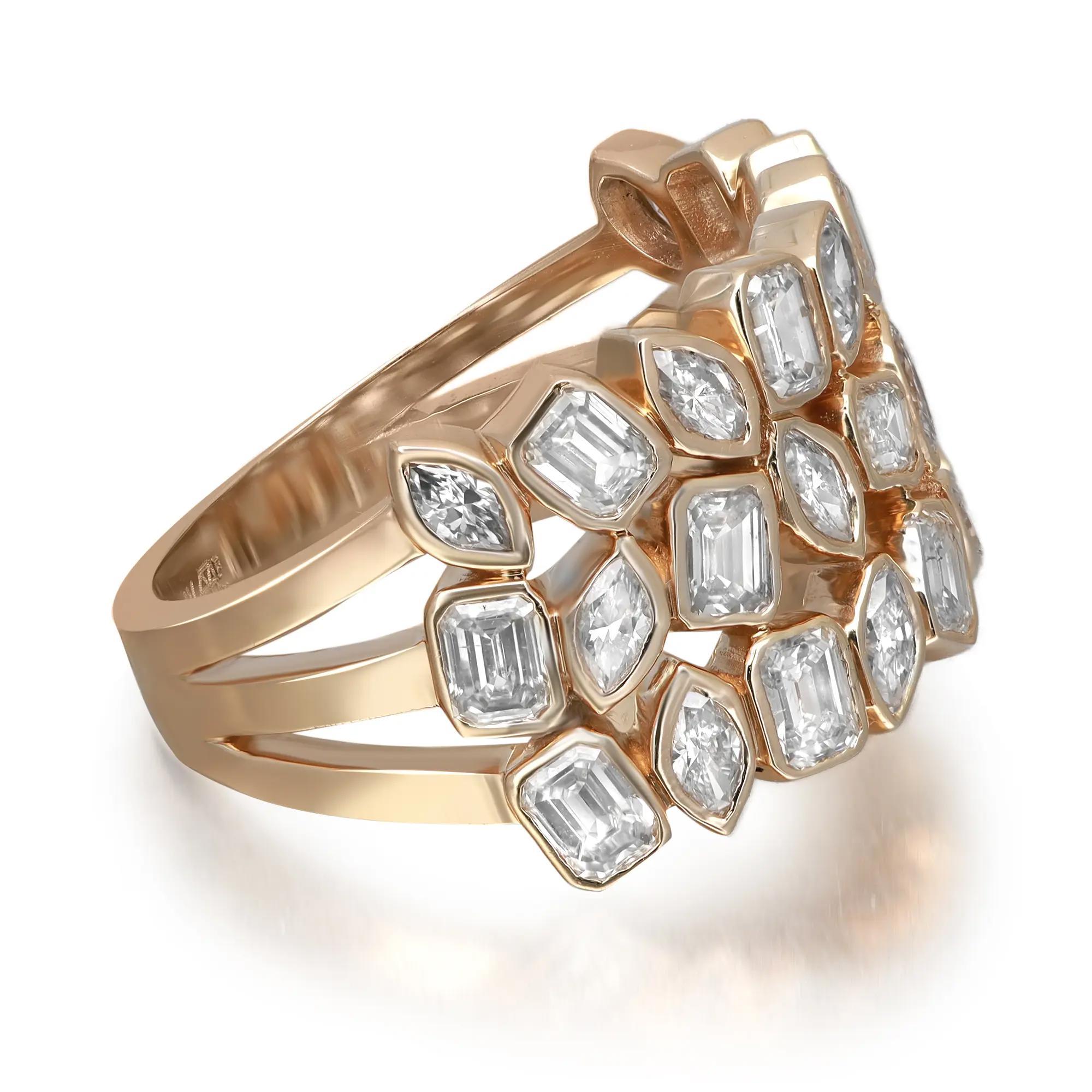This stunning diamond band ring is all about sparkle and glamour. Crafted in fine 14K yellow gold. This style features marquise and emerald cut shimmering diamonds in bezel setting. Total diamond weight: 2.59 carats. Diamond quality: H-I color and