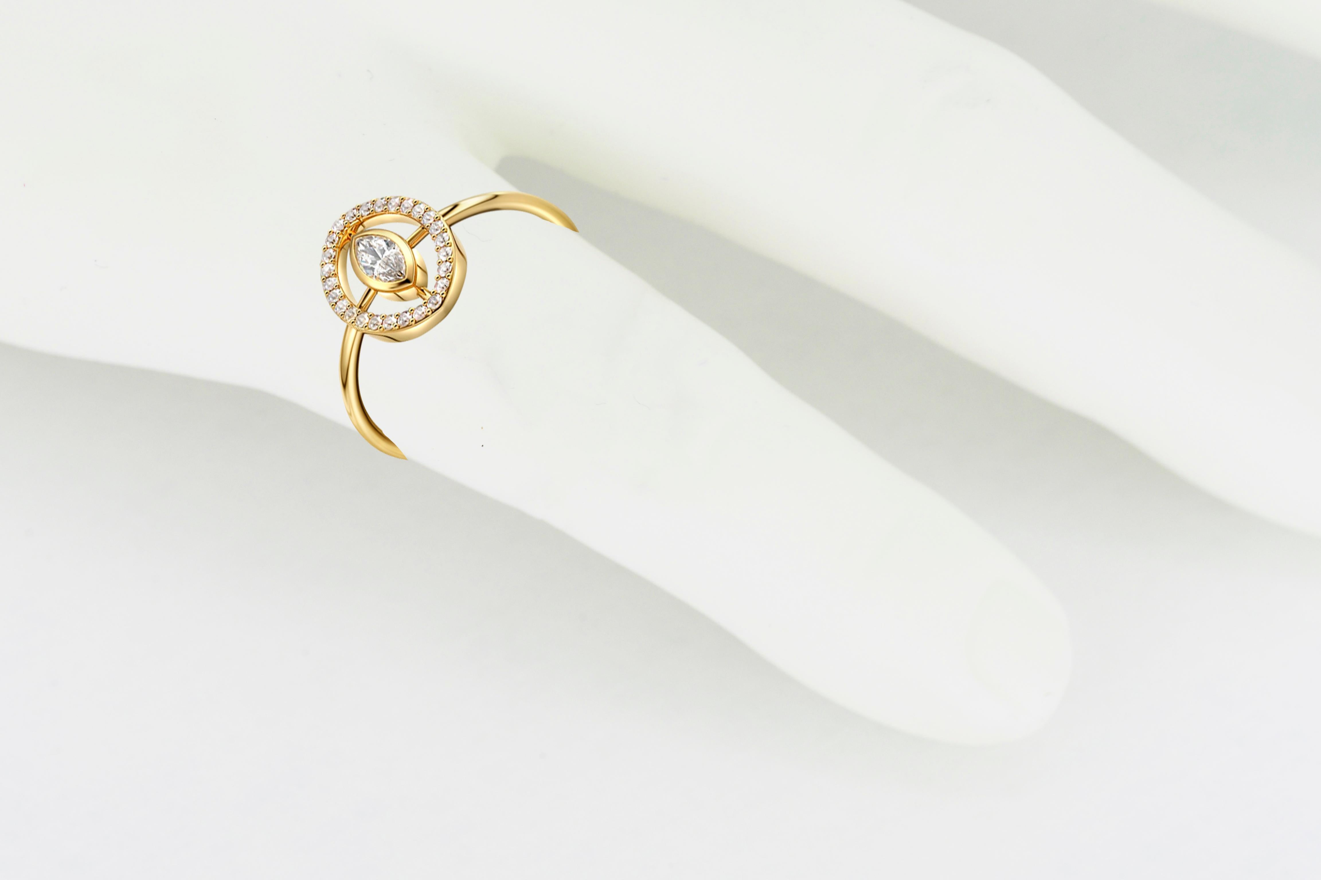 Women's Bezel set marquise moissanite 14k gold ring. For Sale